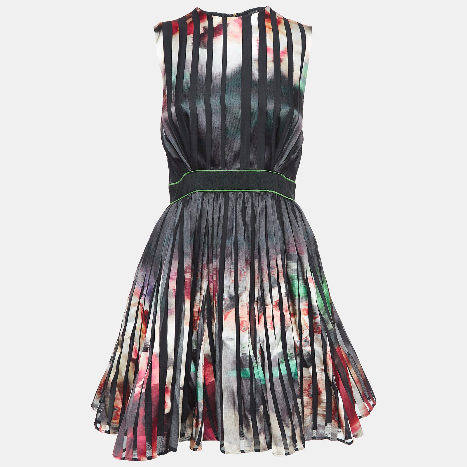 Elie Saab Black Printed Satin Sheer Tape Mini Dress S