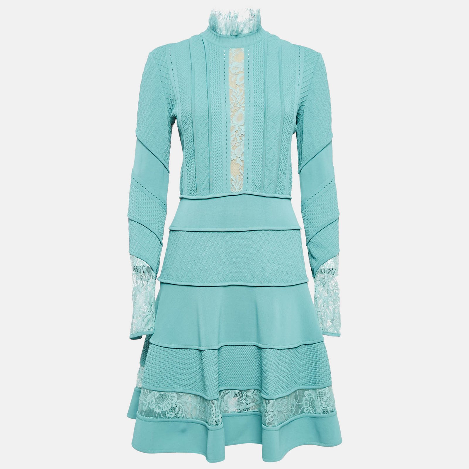 Elie Saab Seamfoam Green Knit Lace Trim Short Dress S