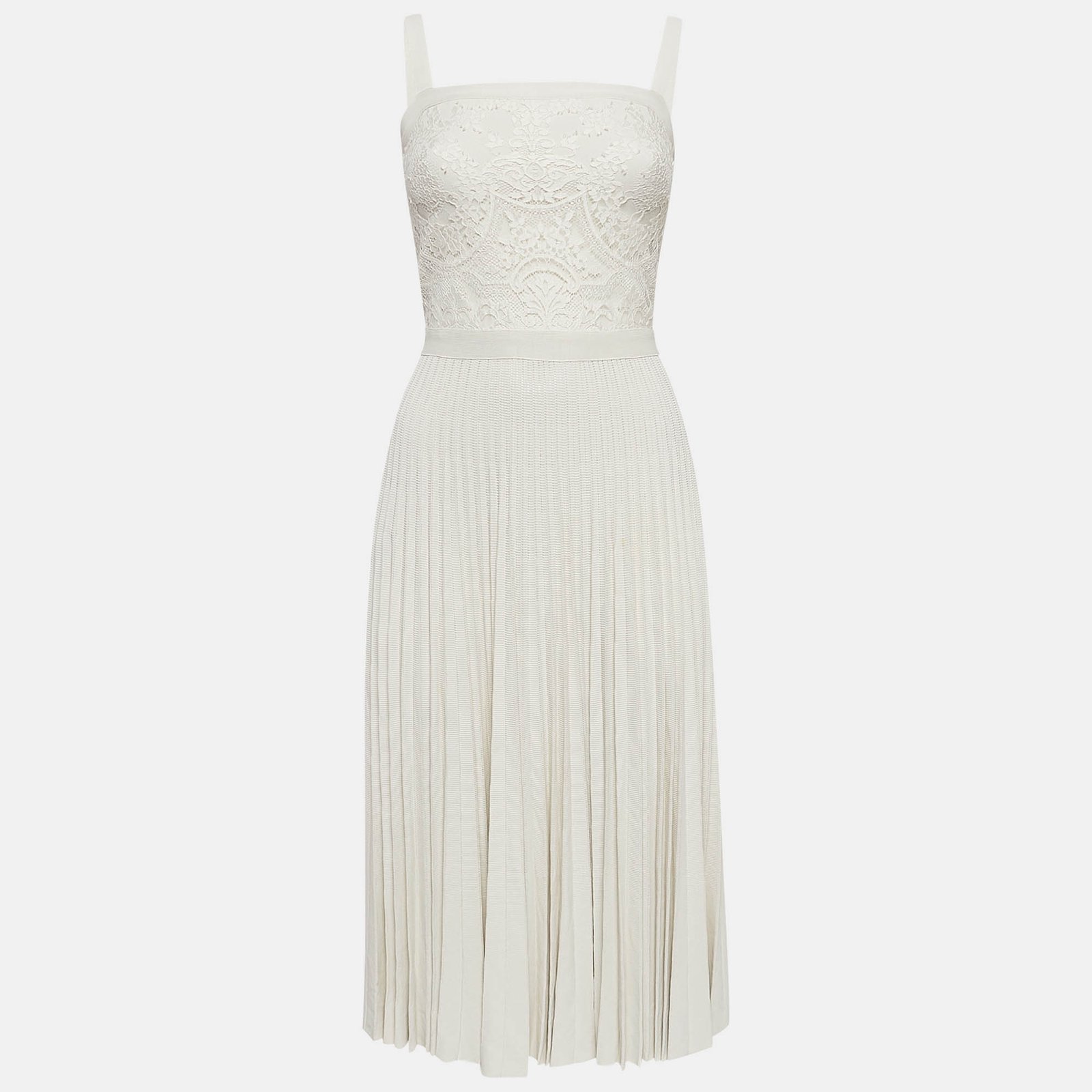 Elie Saab Off-White Jersey Lace Patch and Pleated Mini Dress XS