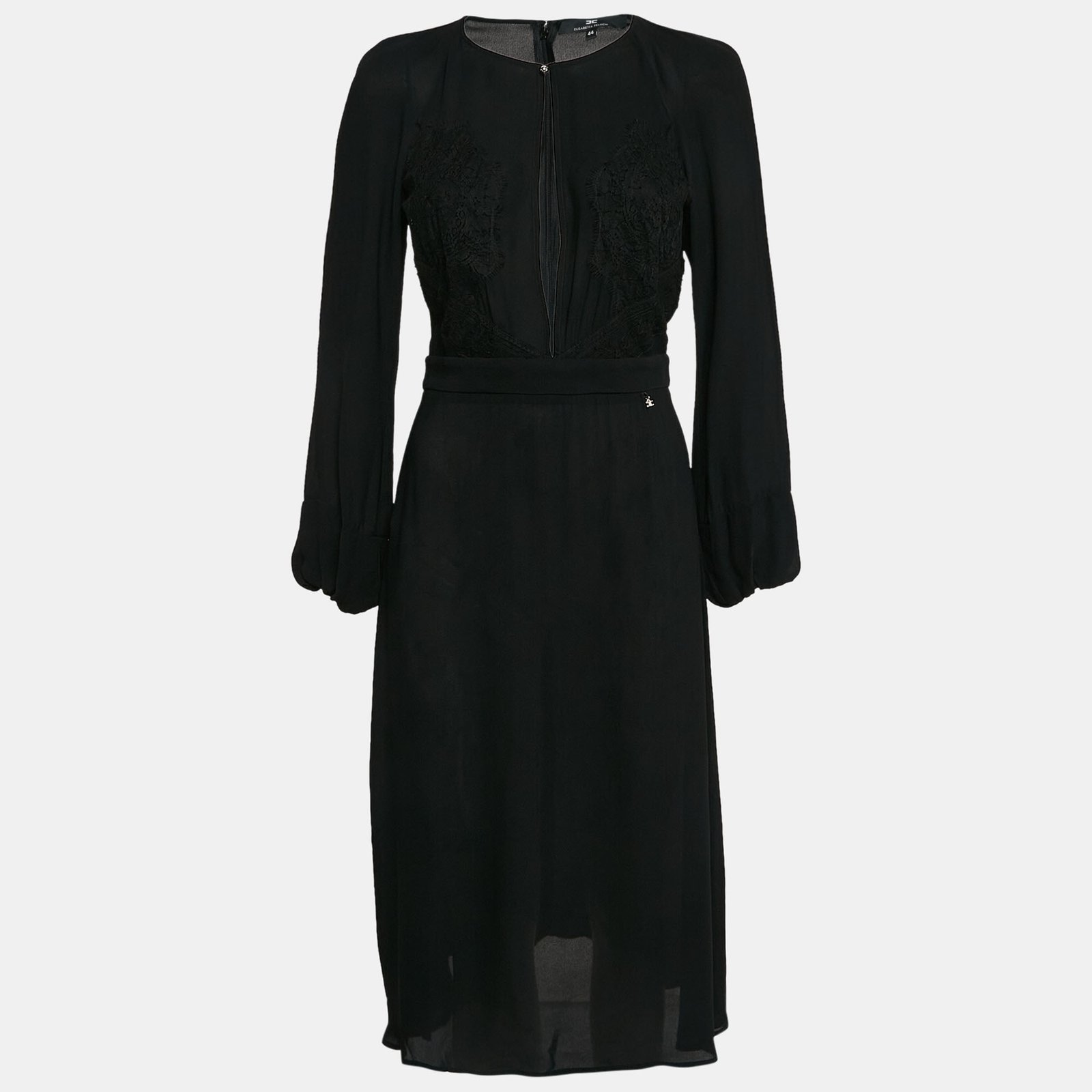 Elisabetta Franchi Black Lace Trim Crepe Plunging Neck Midi Dress M