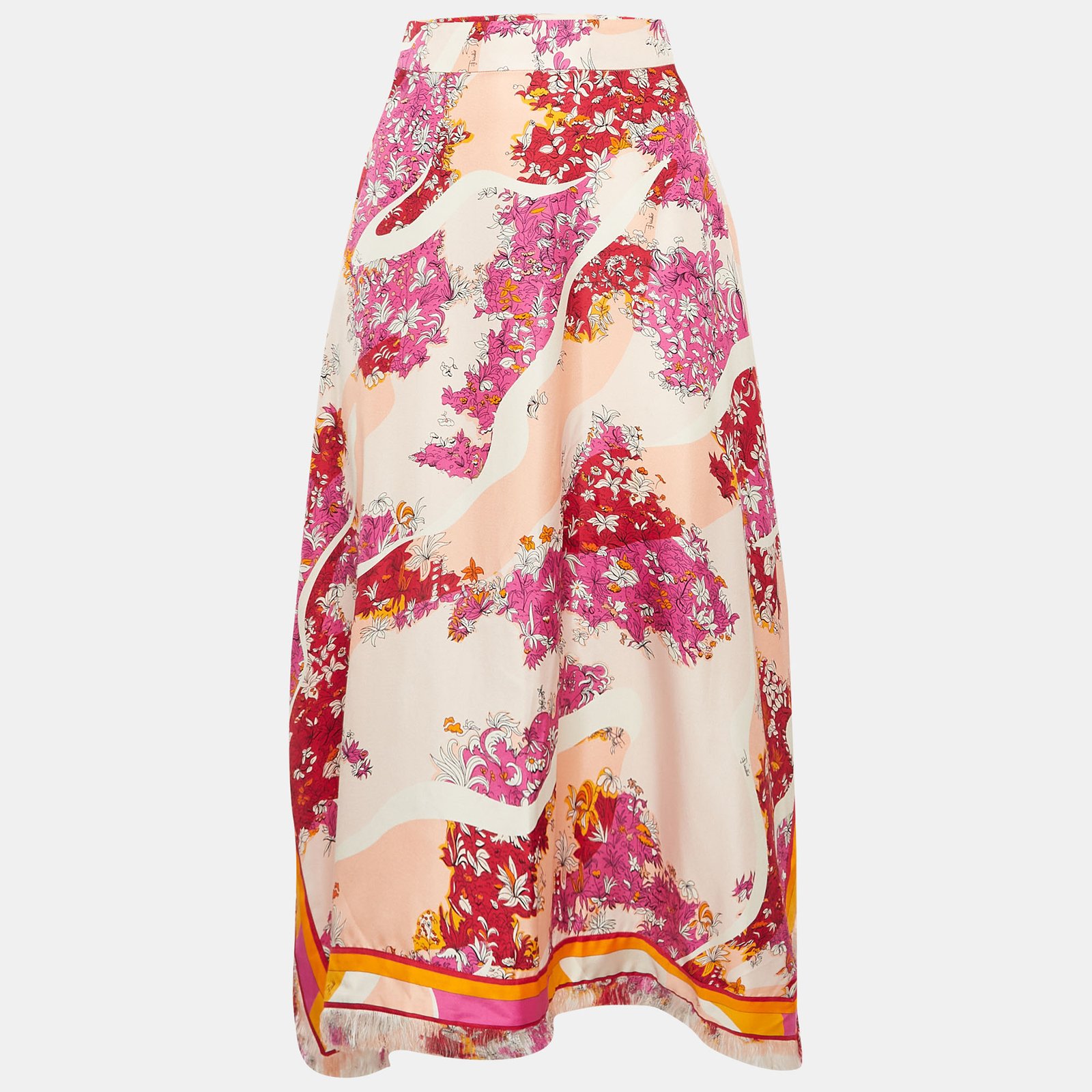 Emilio Pucci Multicolor Silk Asymmetric Fringed Midi Skirt S