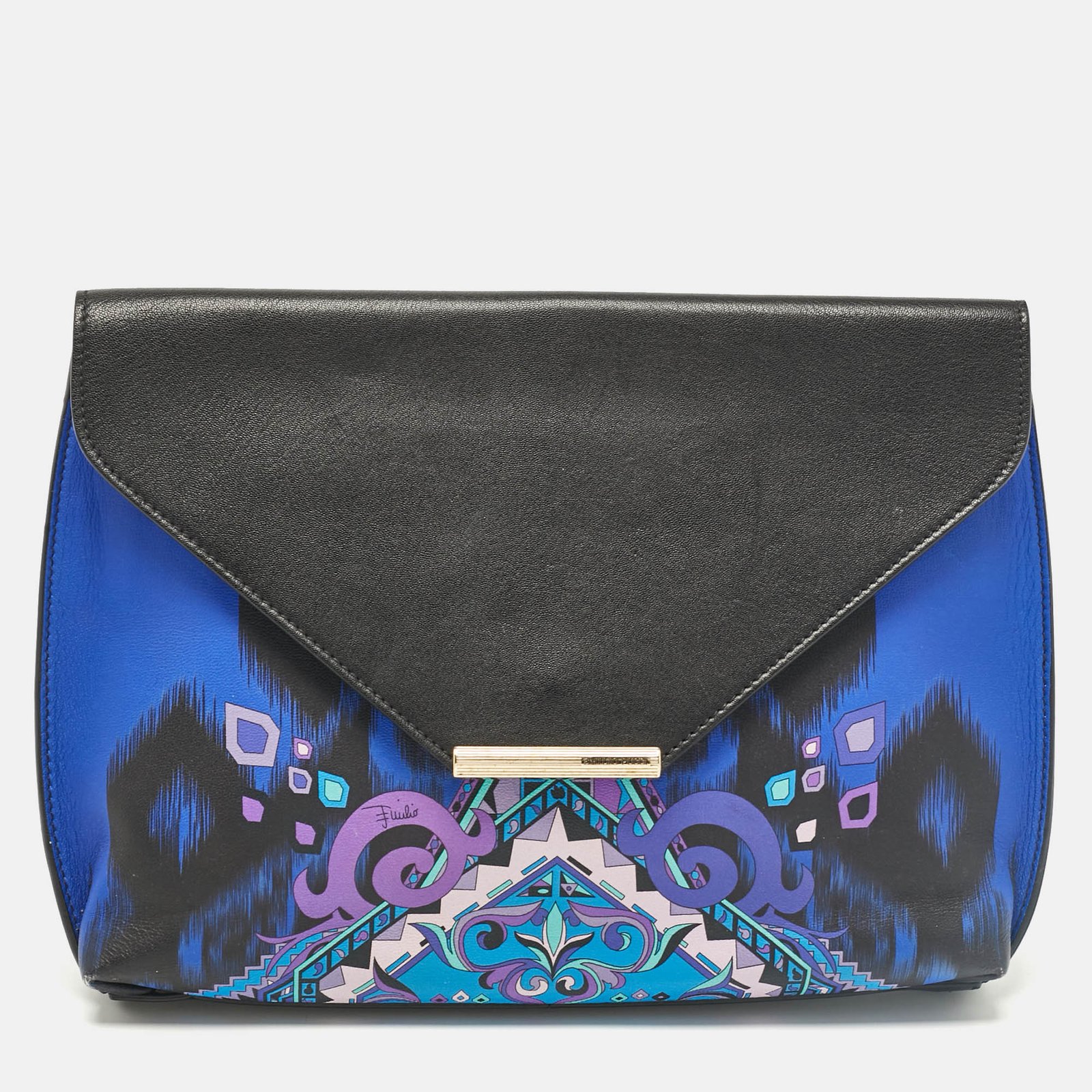 Emilio Pucci Black/Blue Newton Print Leather Envelope Clutch