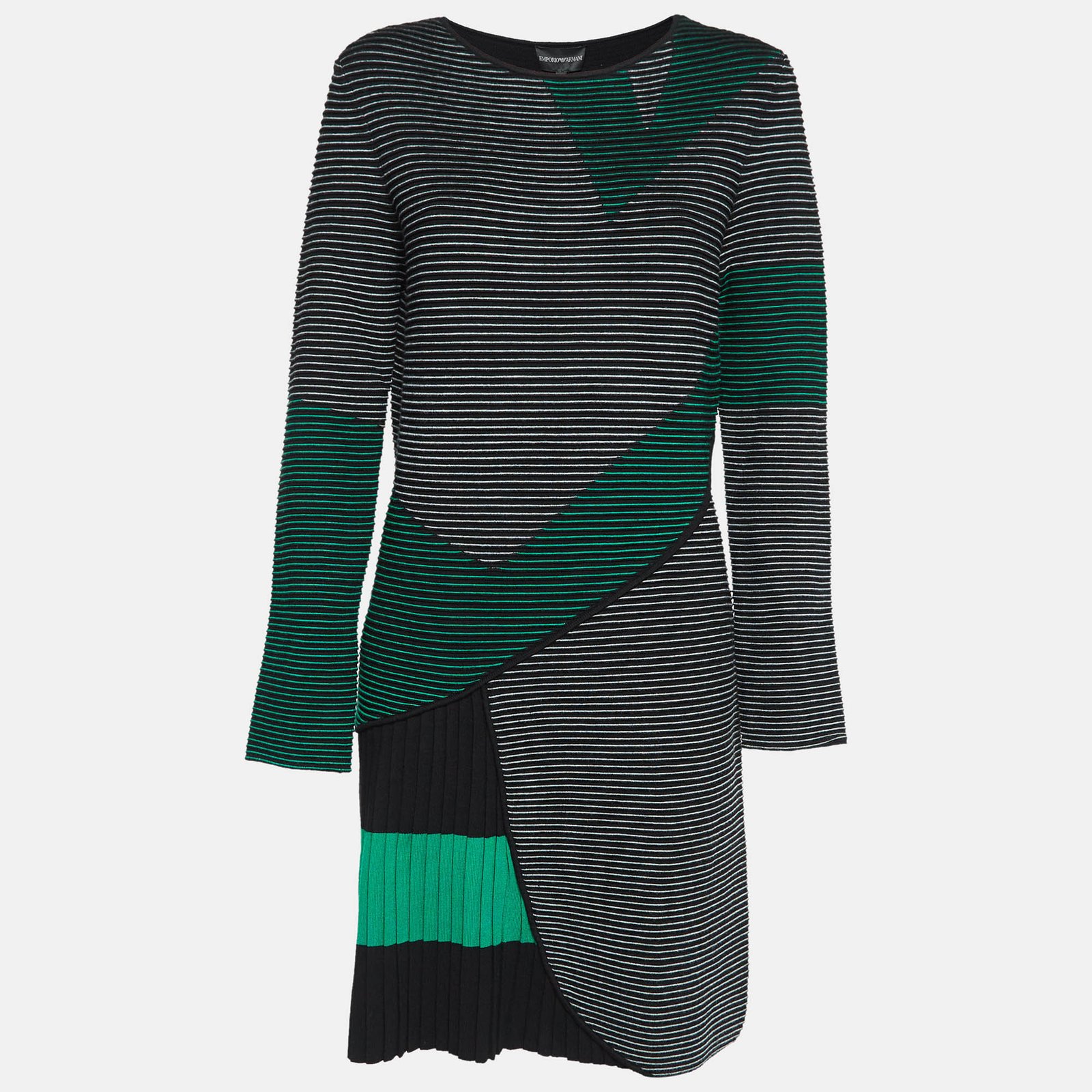 Emporio Armani Black Stripes Rib Knit Pleated Shift Dress M