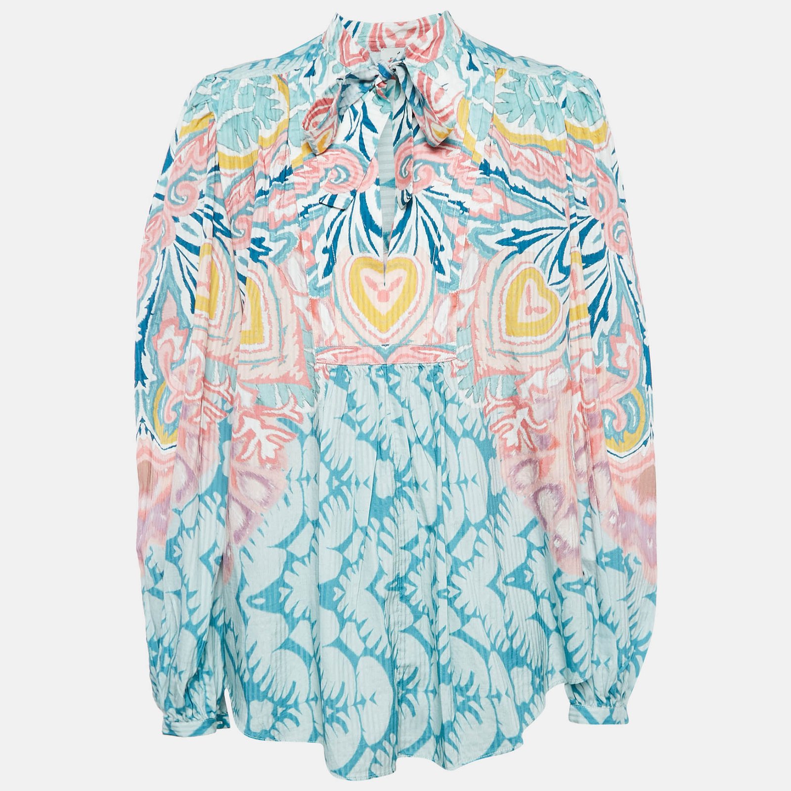 Etro Blue Printed Cotton Blend Billow Sleeve Blouse M