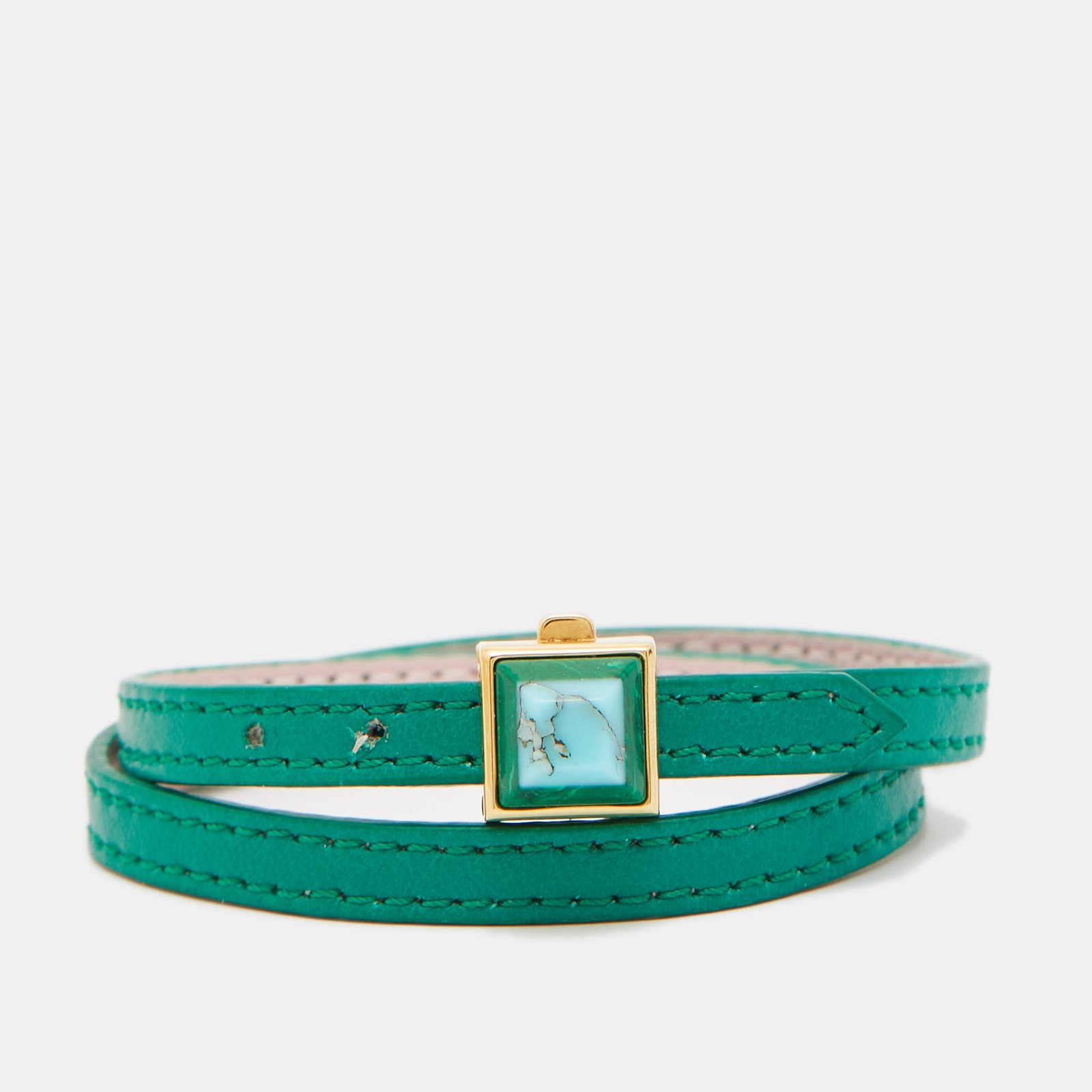 Fendi Pyramid Resin Green Leather Gold Tone Wrap Bracelet