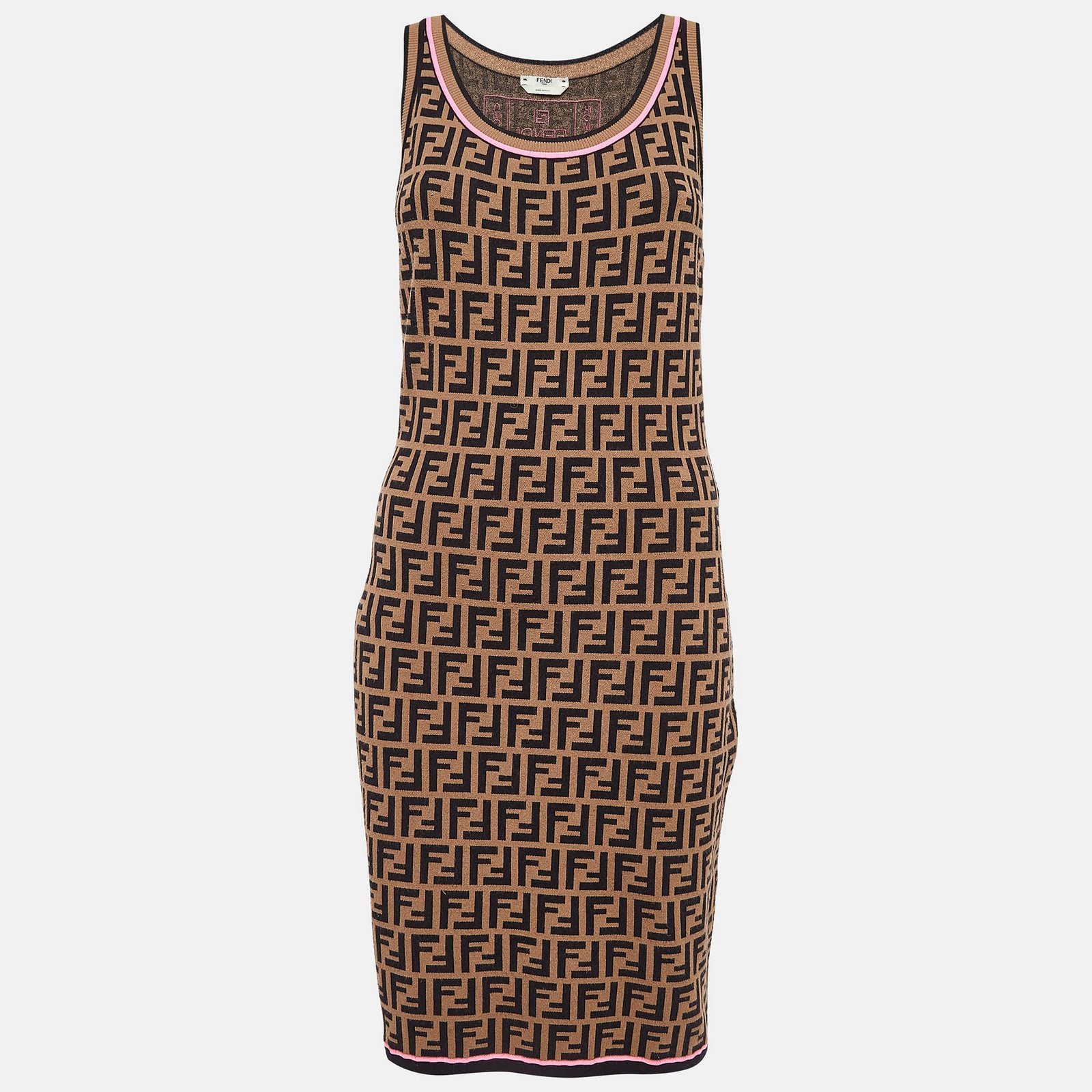 Fendi Brown Zucca Patterned Knit Sleeveless Bodycon Dress M