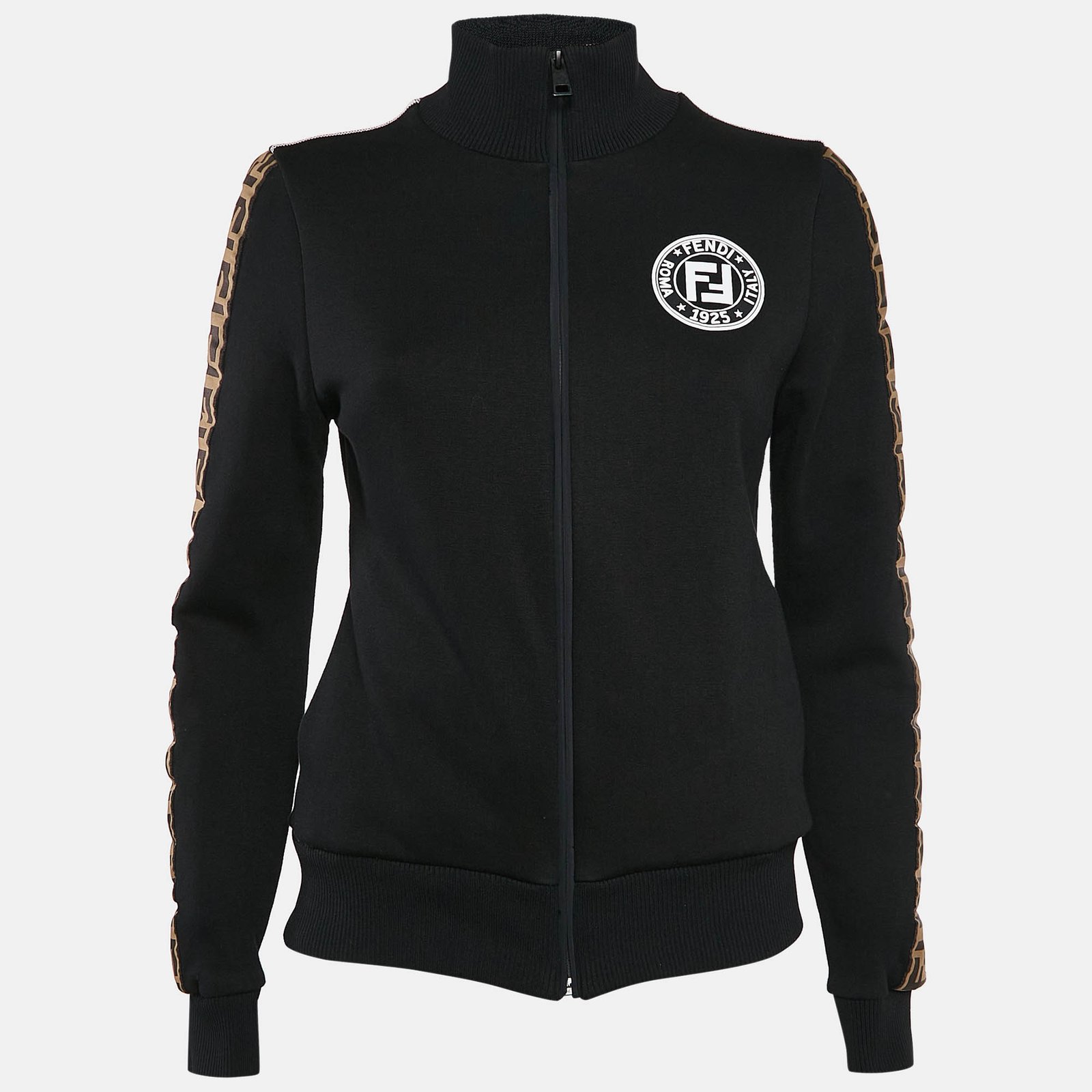 Fendi Black Logo Applique Knit Zip Front Jacket M