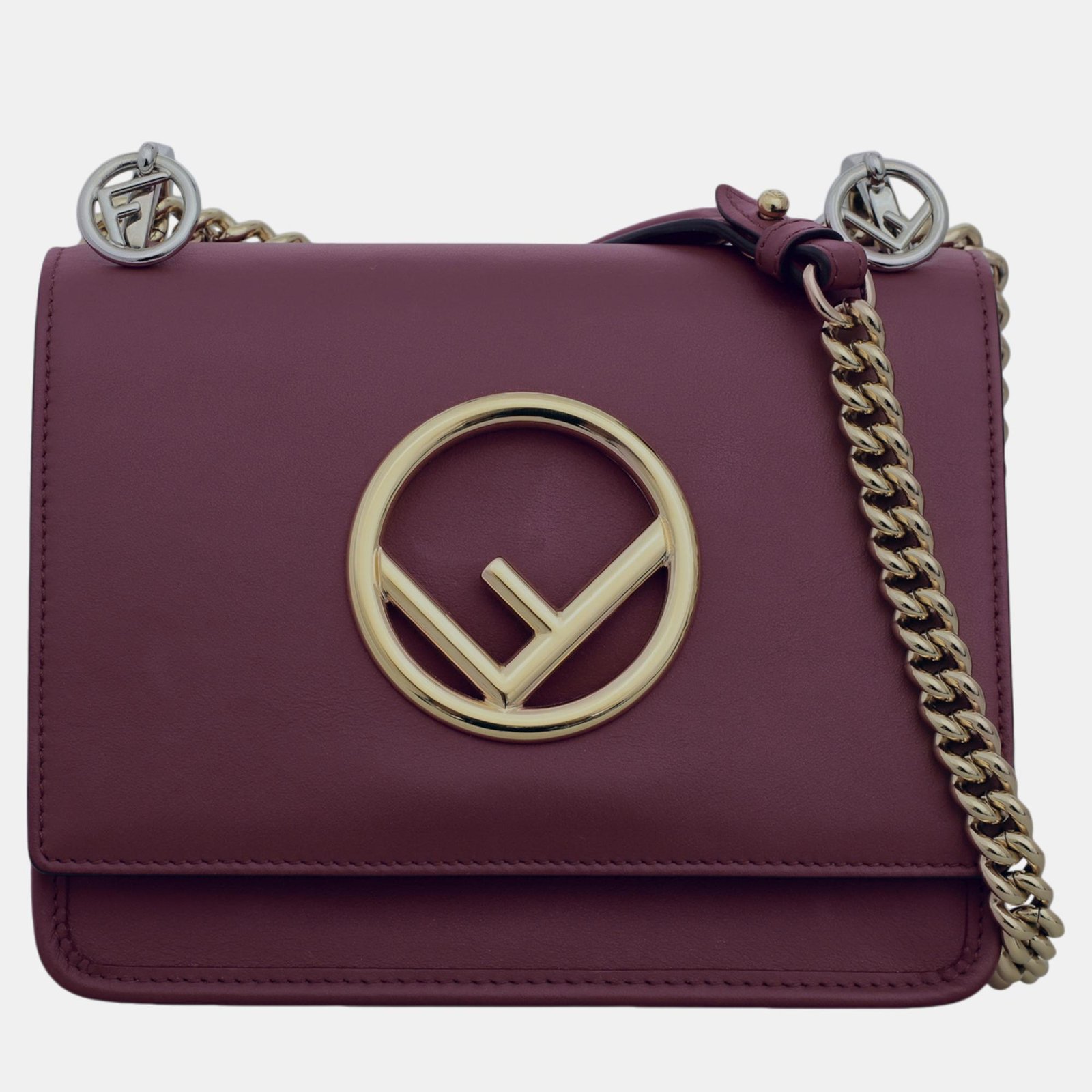 Fendi Maroon Leather Kan F Logo Chain Shoulder Bag