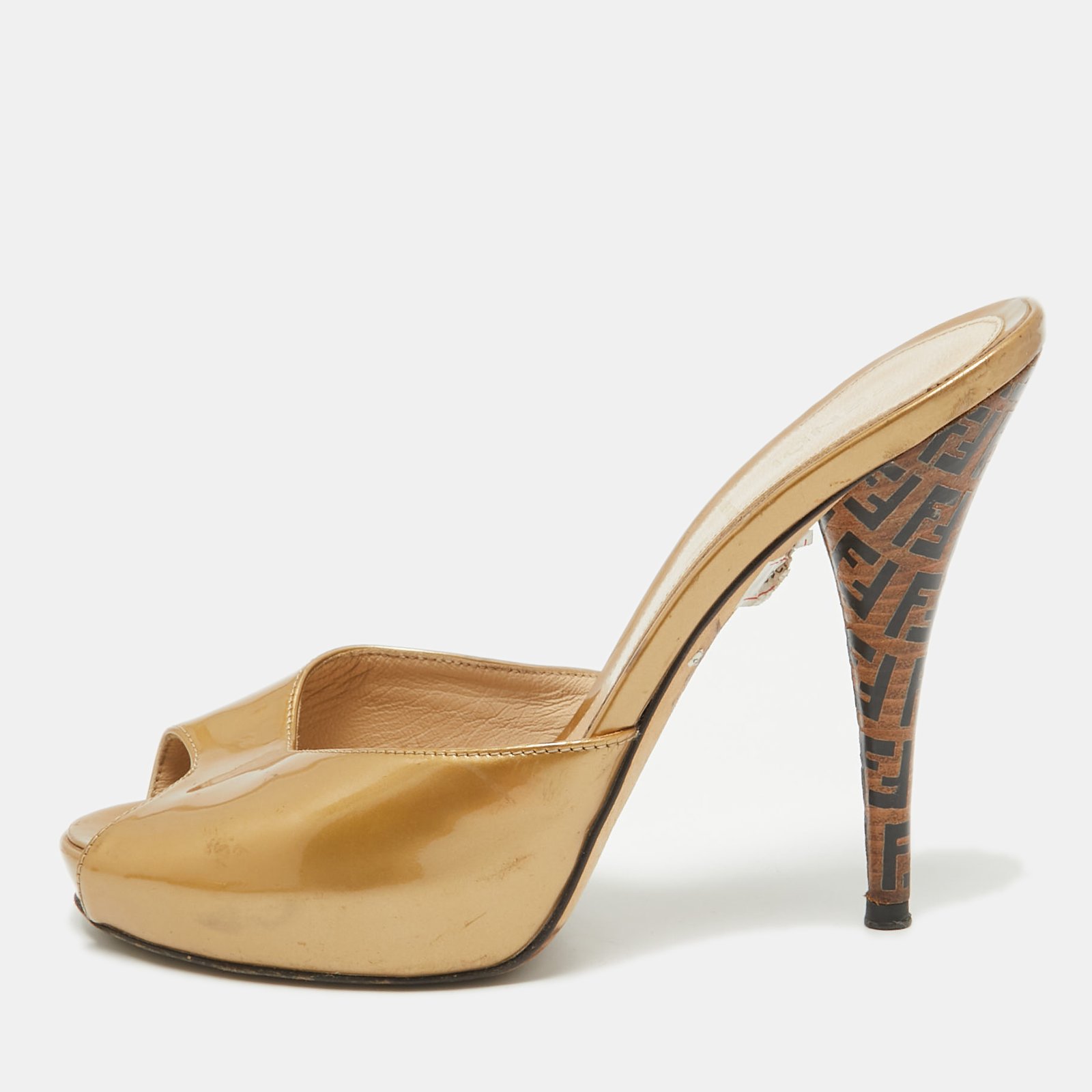 Fendi Gold Patent Leather FF Heel Slide Sandals Size 37.5