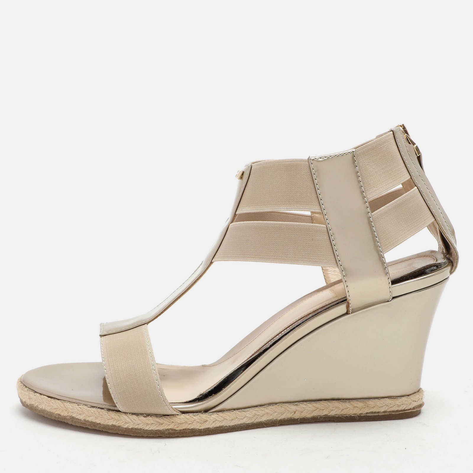 Fendi Beige Patent Leather Wedge Espadrille Sandals Size 37