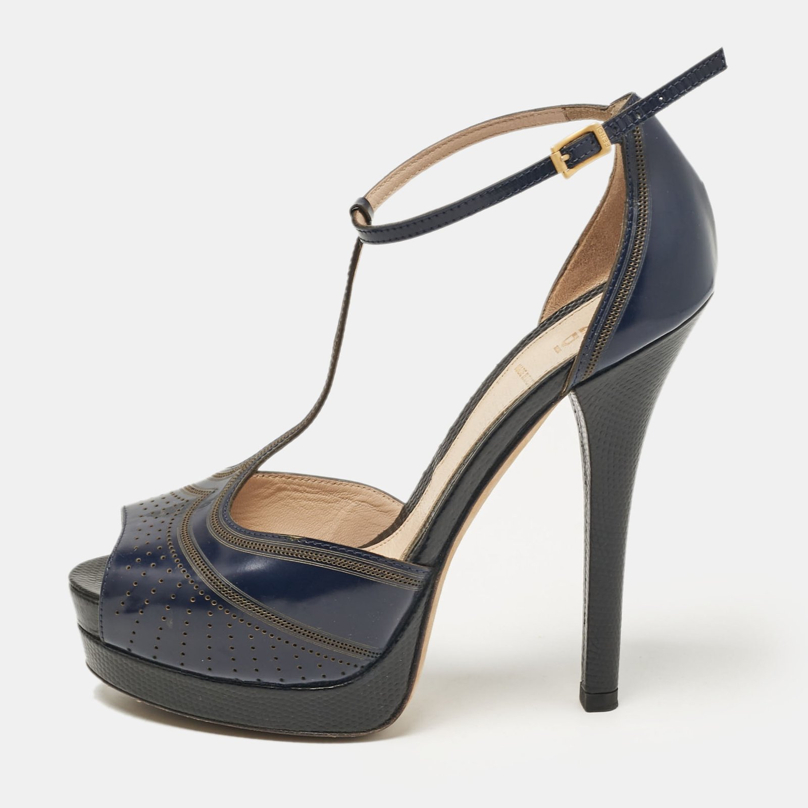 Fendi Navy Blue Leather Ankle Strap Sandals Size 37.5