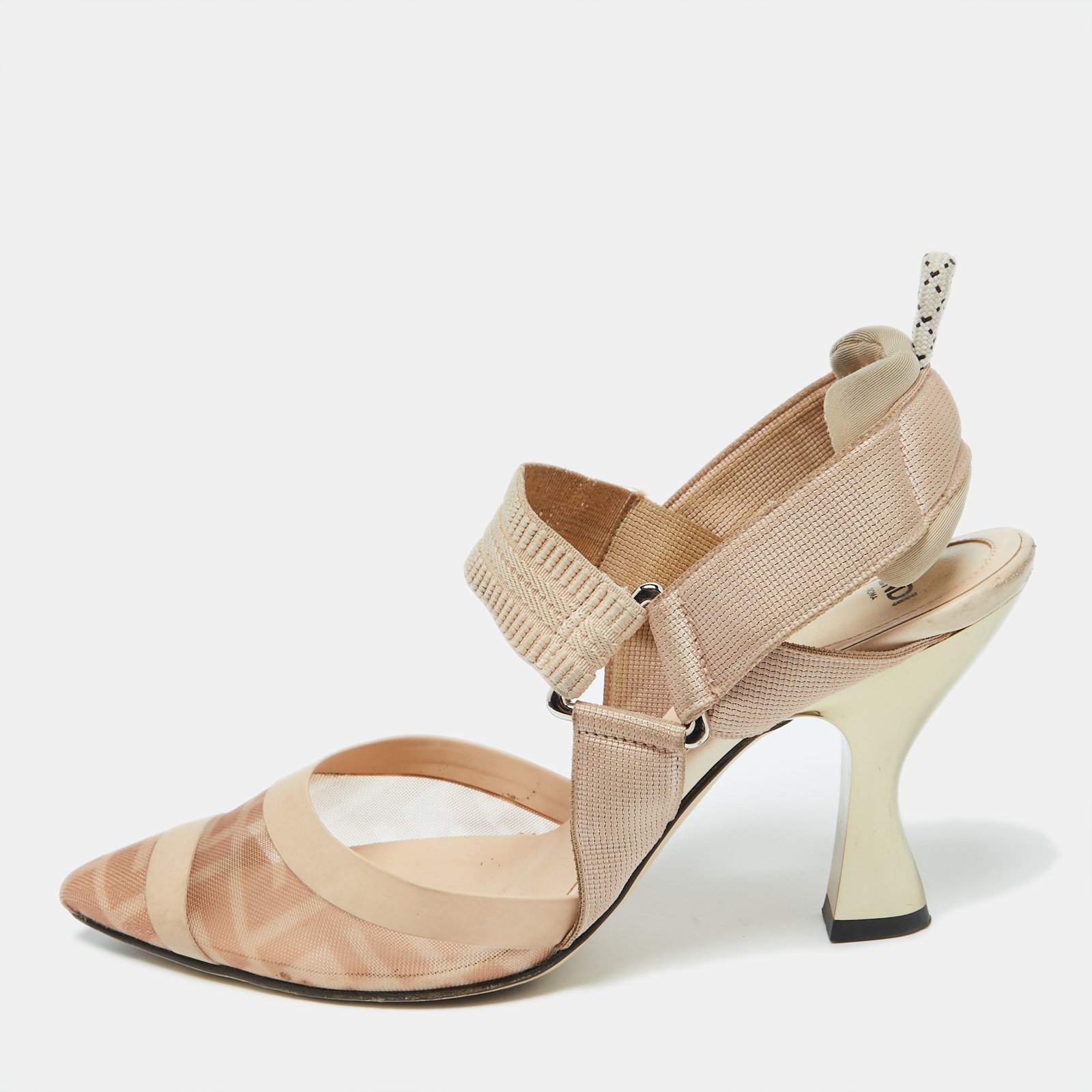 Fendi Beige Mesh and Fabric Colibri Pointed Toe Slingback Pumps Size 36.5