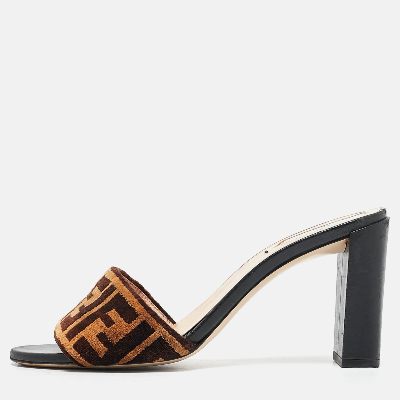 Fendi Beige Velvet FF Slide Sandals Size 38.5