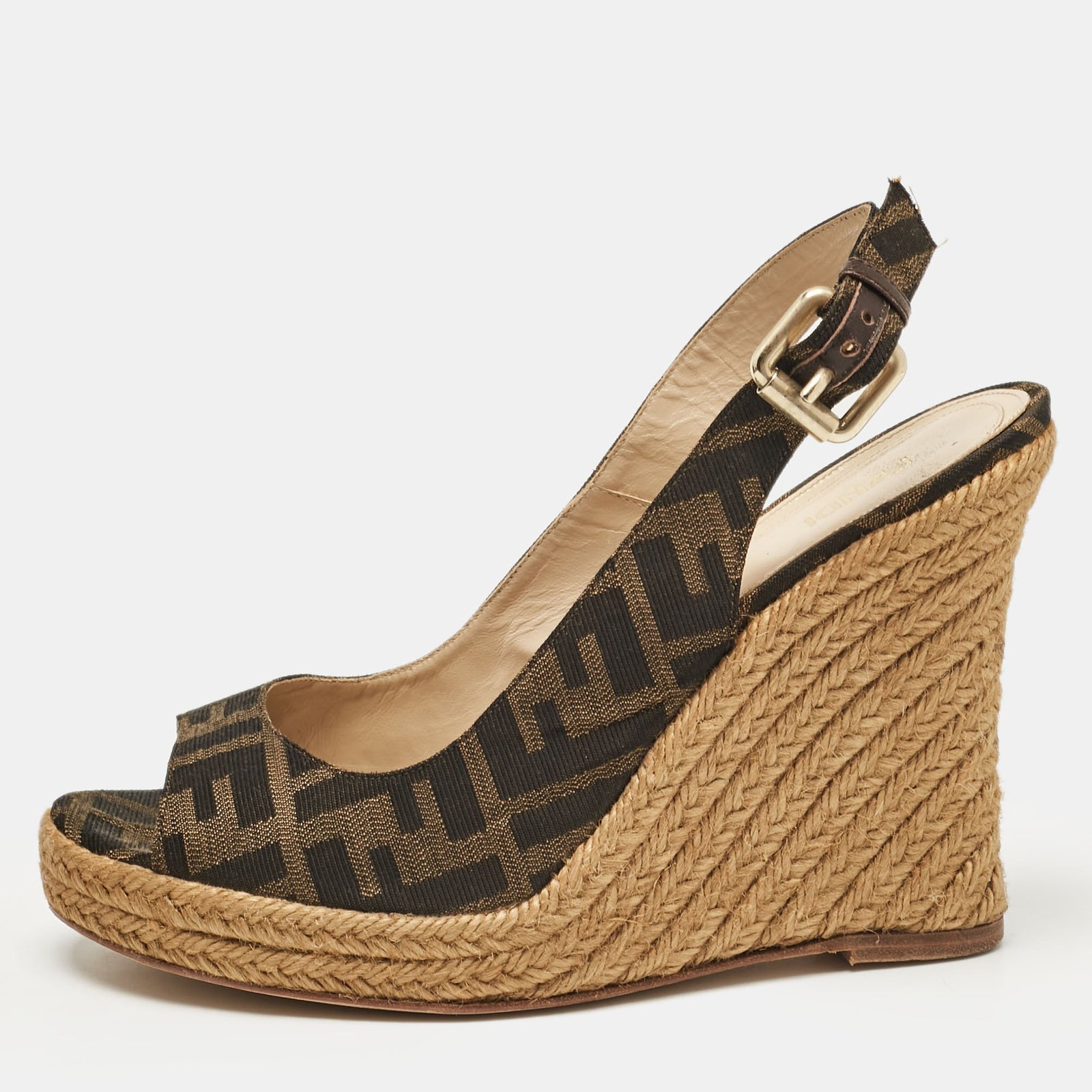 Fendi Tobacco Zucca Fabric Wedge Ankle Strap Sandals Size 40