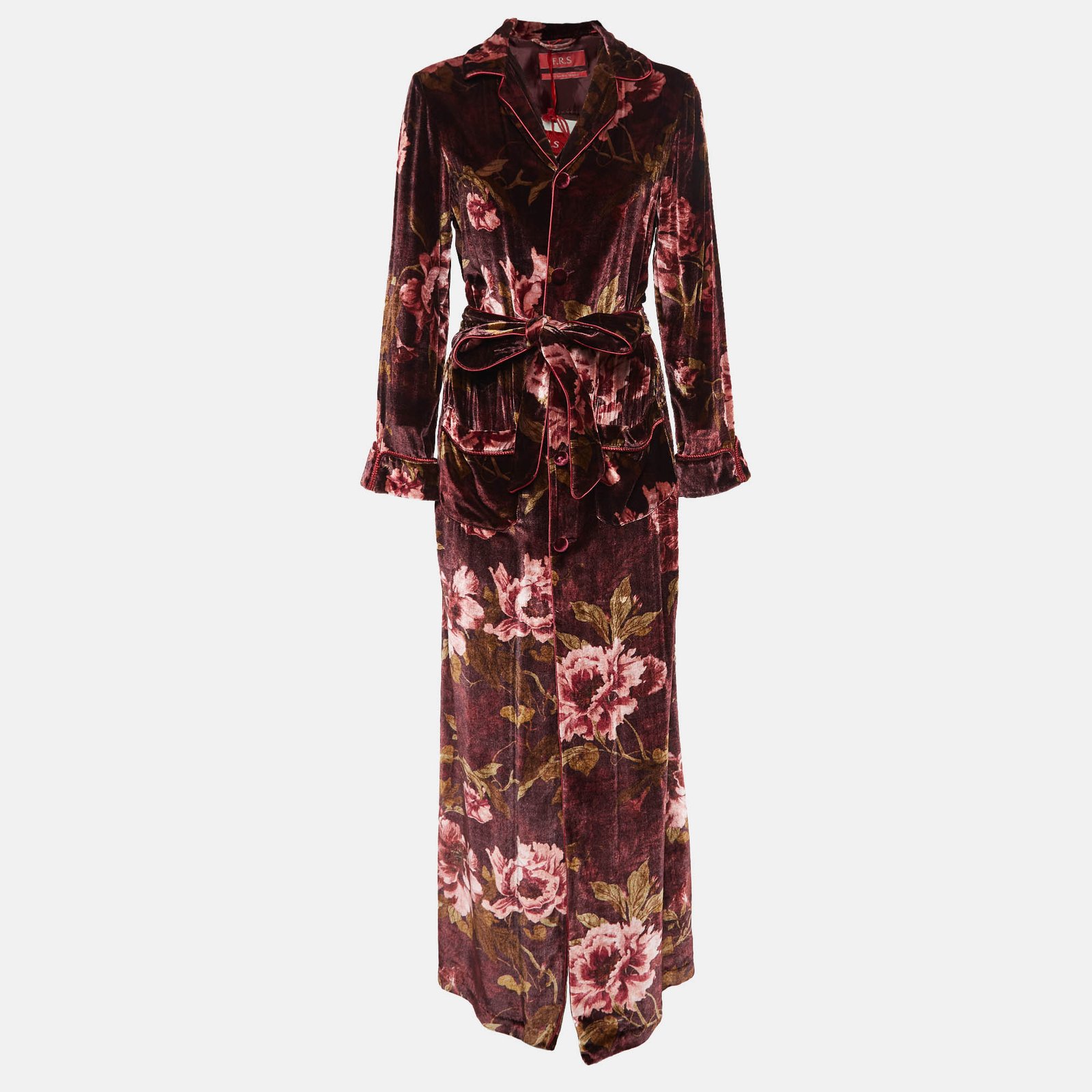 F.R.S For Restless Sleepers Burgundy Floral Print Velvet Robe Dress M