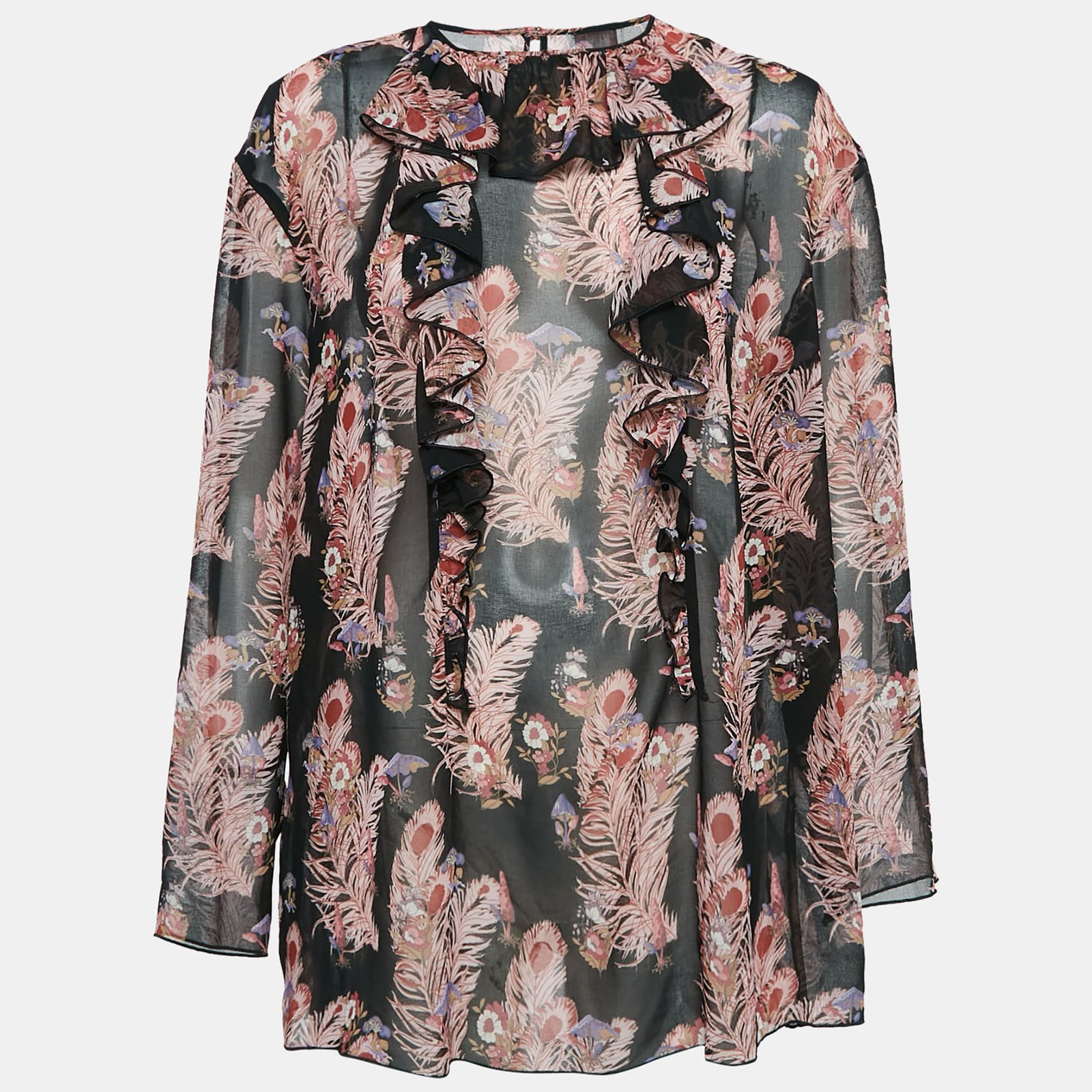 Giamba Black Feather-Floral Print Chiffon Ruffled Blouse L