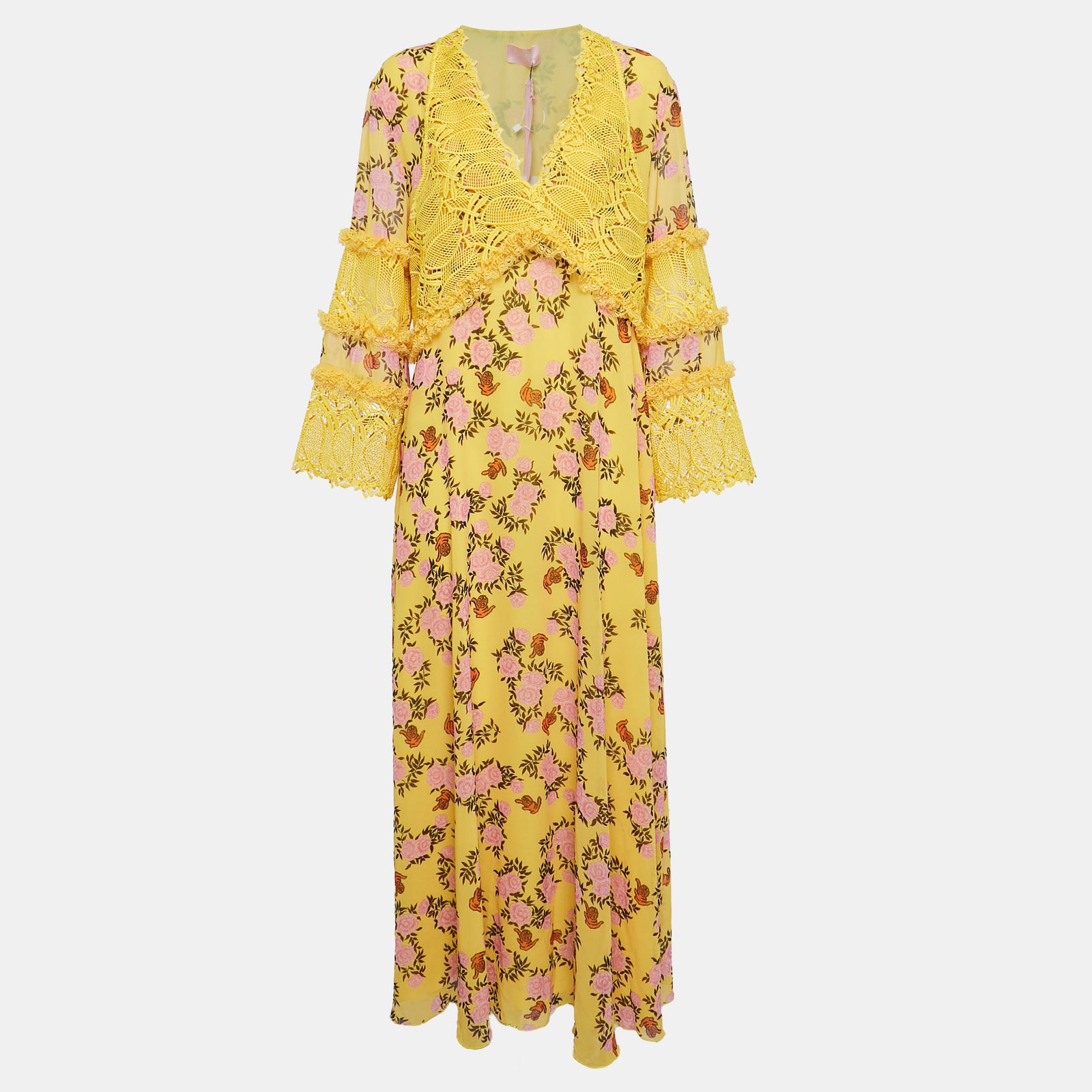 Giamba Yellow Floral Print Chiffon and Lace Cut-Out Maxi Dress M