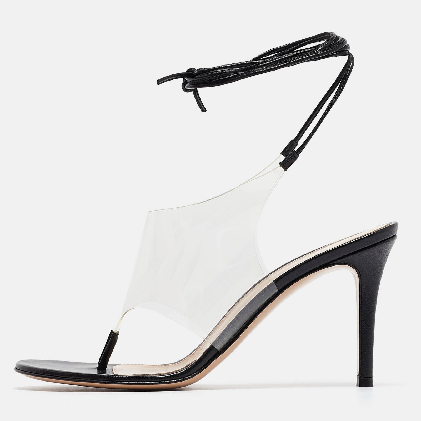 Gianvito Rossi Black Leather and PVC Plexi Thong Wrap Sandals Size 37.5