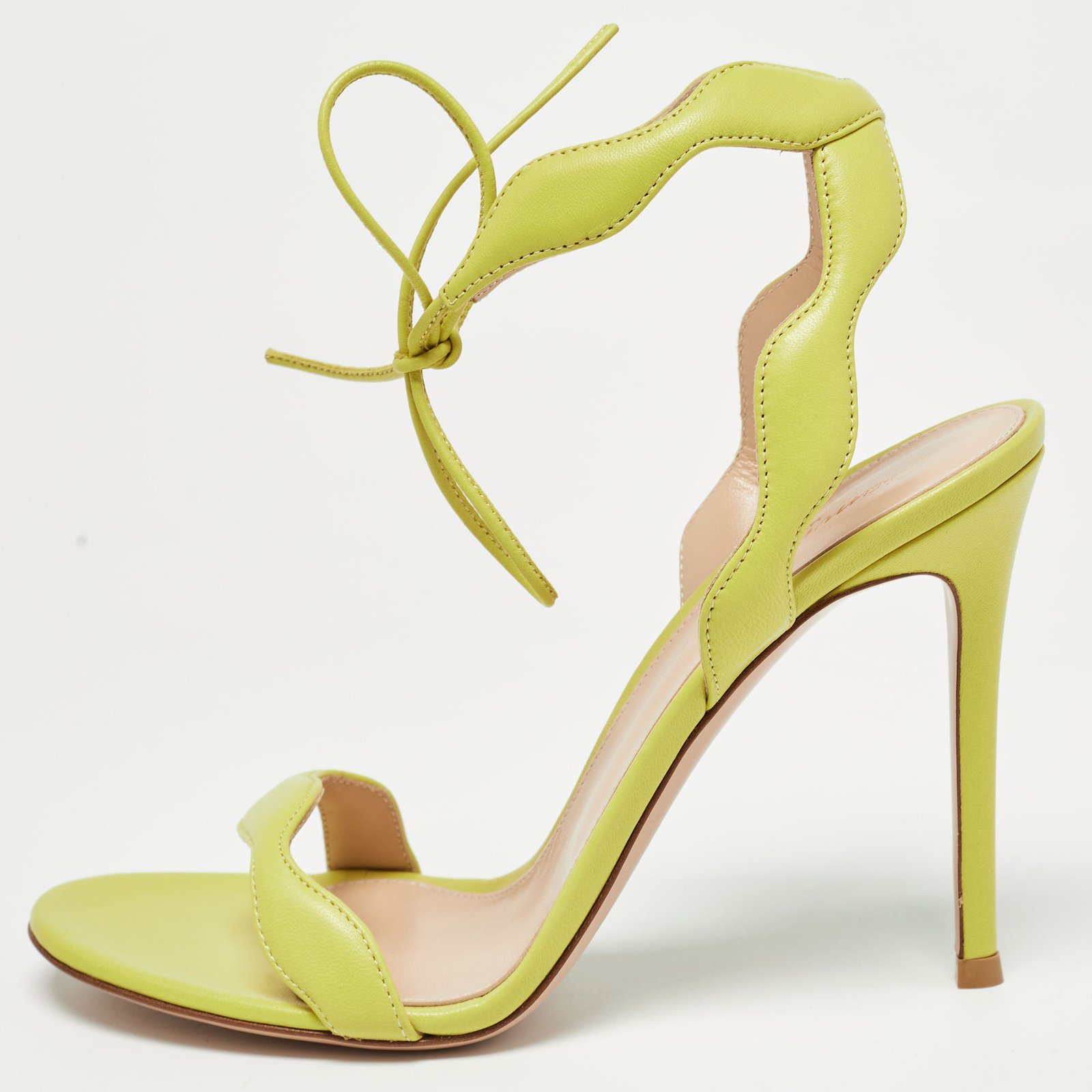 Gianvito Rossi Green Leather Wavy Ankle Tie Sandals Size 37