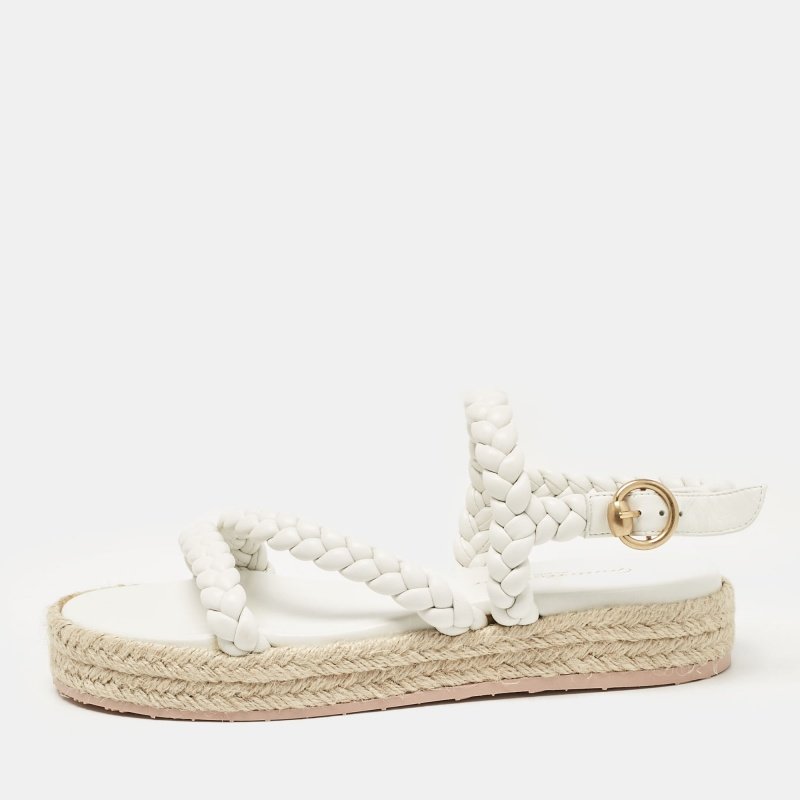 Gianvito Rossi White Braided Leather Platform Espadrille Sandals Size 36.5