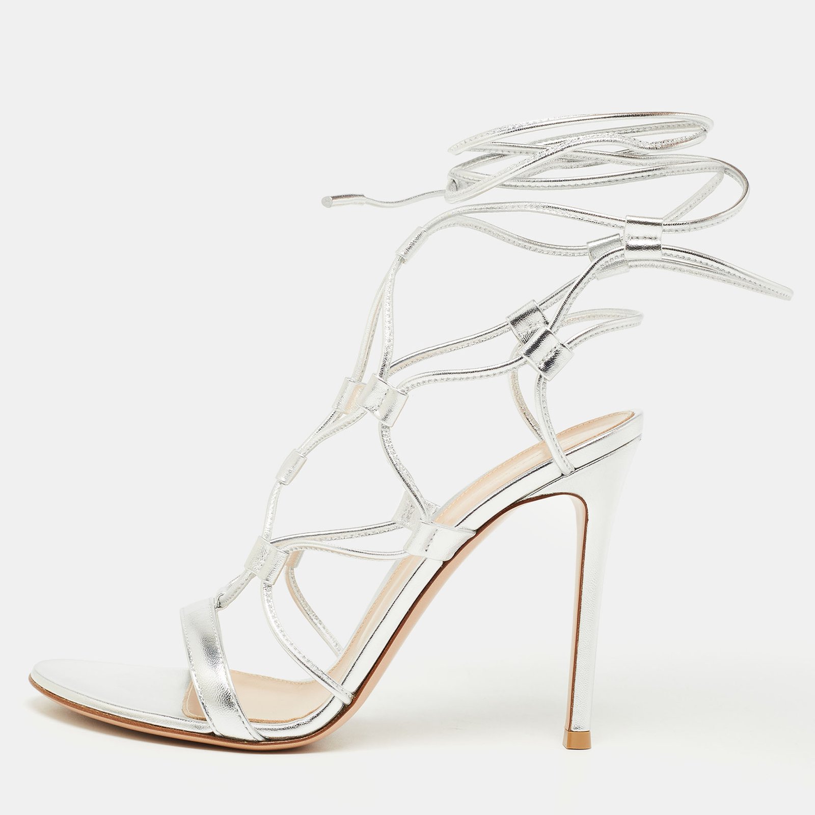 Gianvito Rossi Silver Leather Giza Ankle Wrap Sandals Size 39.5
