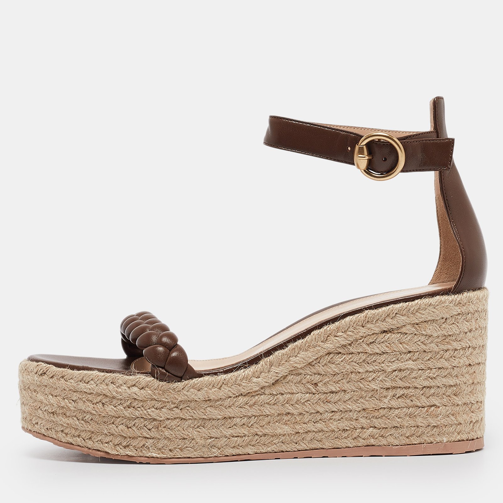 Gianvito Rossi Brown Braided Leather Merida Espadrille Wedge Sandals Size 40