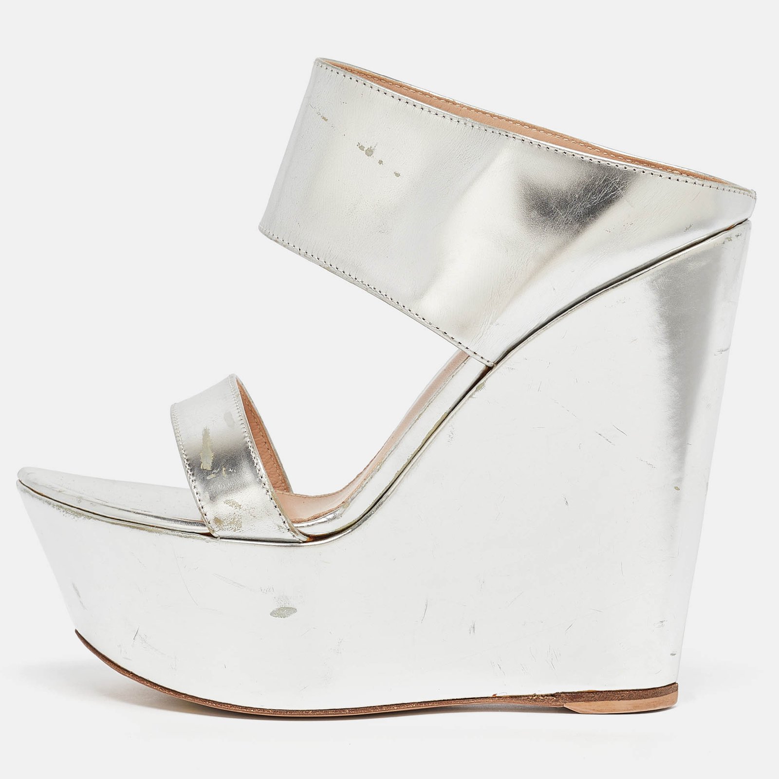 Gianvito Rossi Silver Leather Wedge Sandals Size 36
