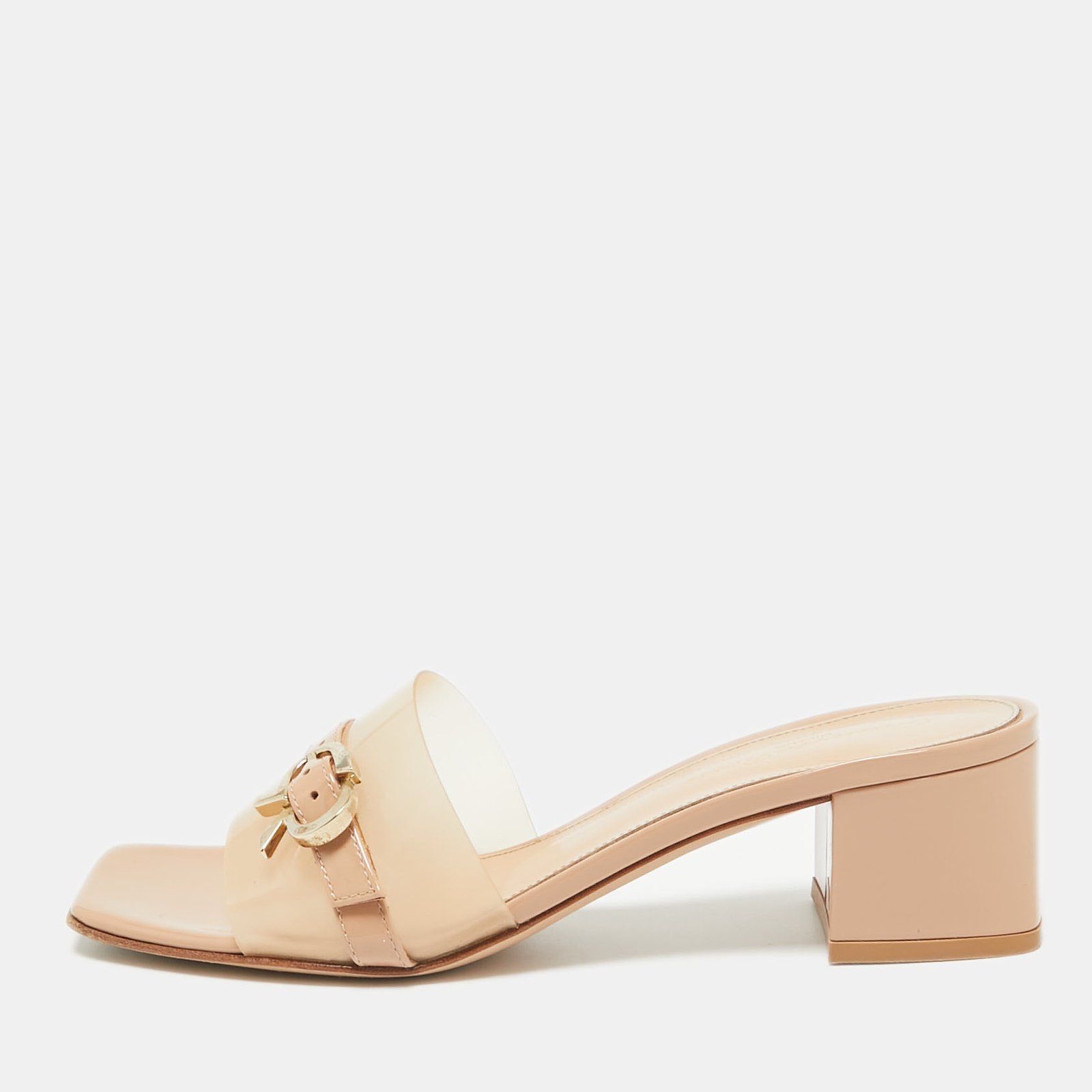 Gianvito Rossi Beige Patent Leather and PVC Gemini Slide Sandals Size 37.5