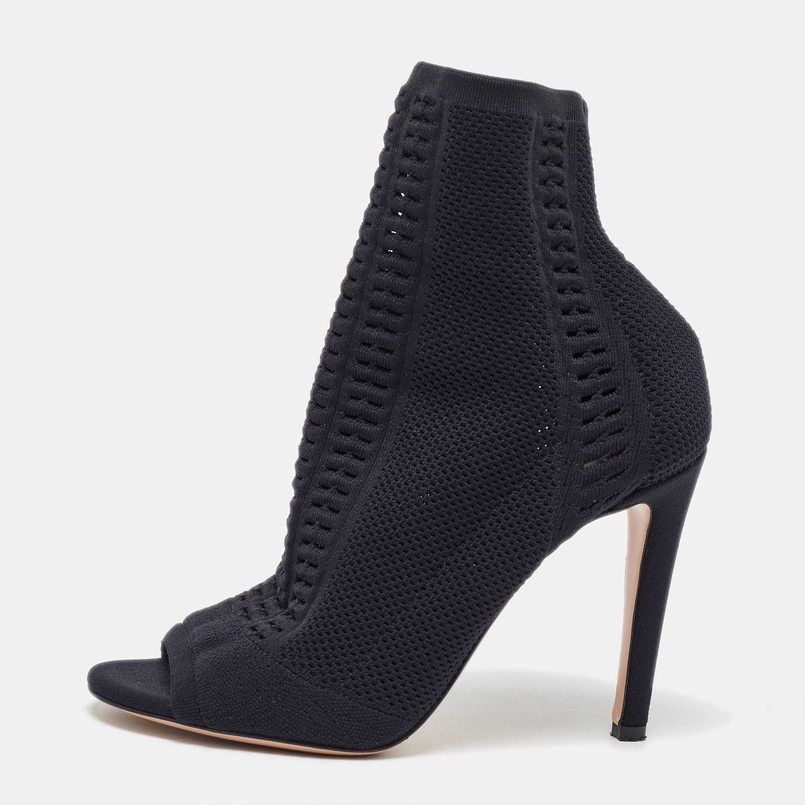 Gianvito Rossi Black Knit Fabric Vires Open Toe Ankle Booties Size 37.5