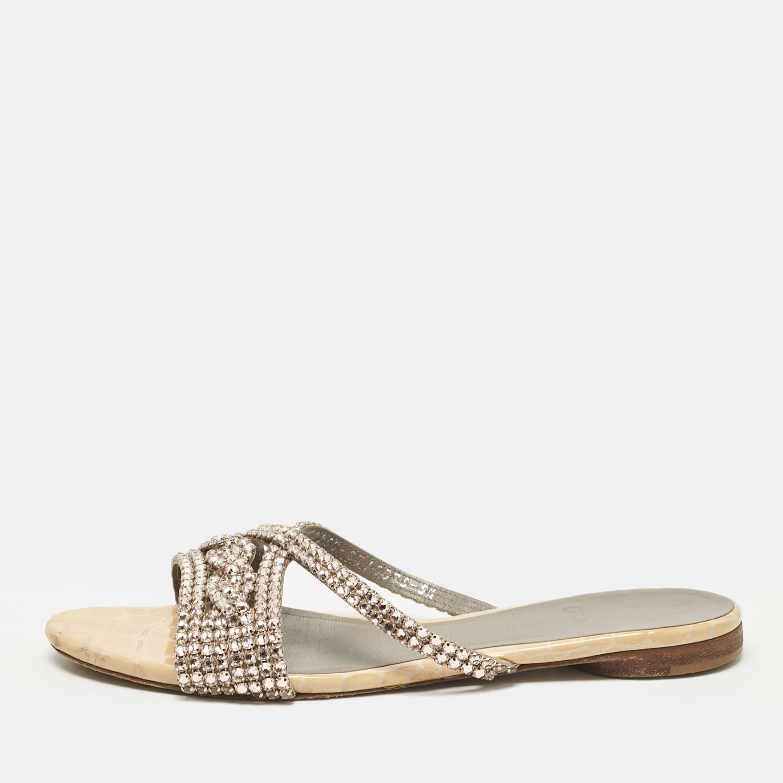 Gina Pink/Beige Crystal Embellished Leather Flat Slides Size 38.5