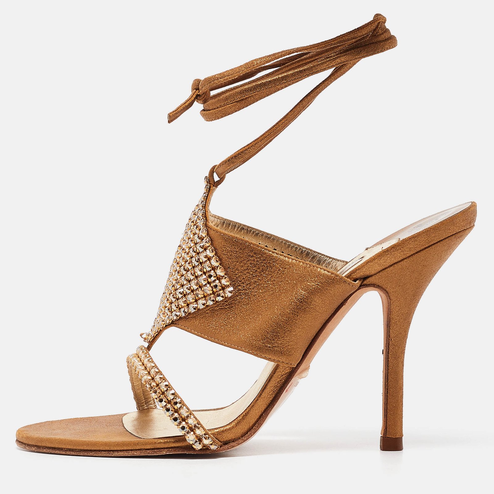 Gina Gold Textured Suede Crystal Embellished Ankle Tie Sandals Size 39