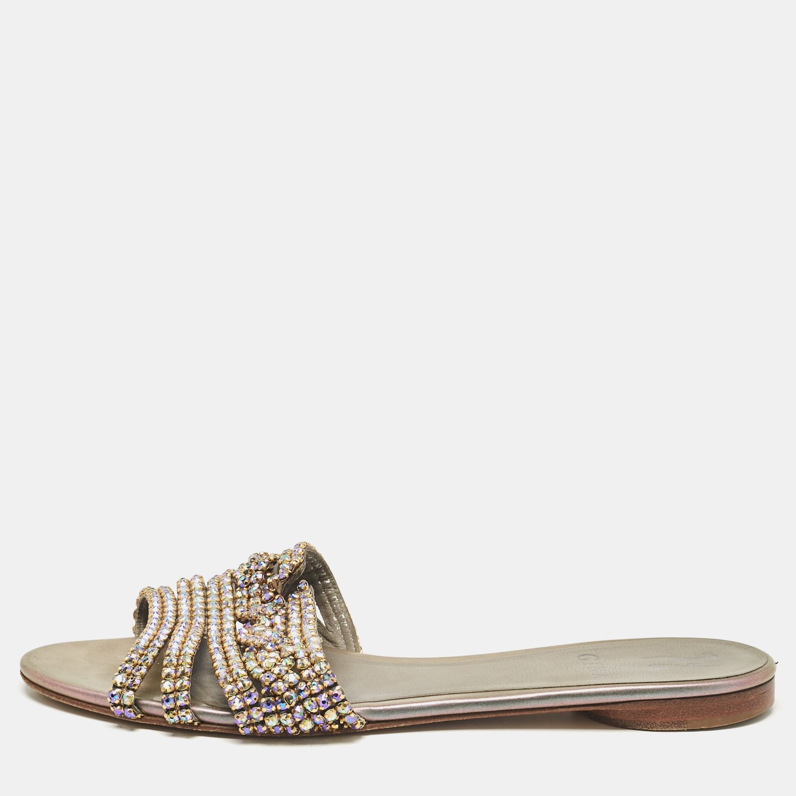 Gina Metallic Crystal Embellished Leather Flat Slides Size 38.5