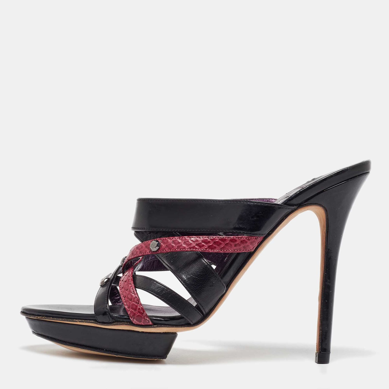 Gina Black/Maroon Leather and Snakeskin Strappy Platform Sandals Size 40