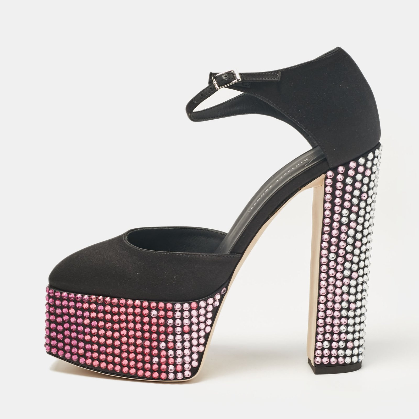 Giuseppe Zanotti Black Satin Crystal Embellished Mary Jane Pumps Size 40