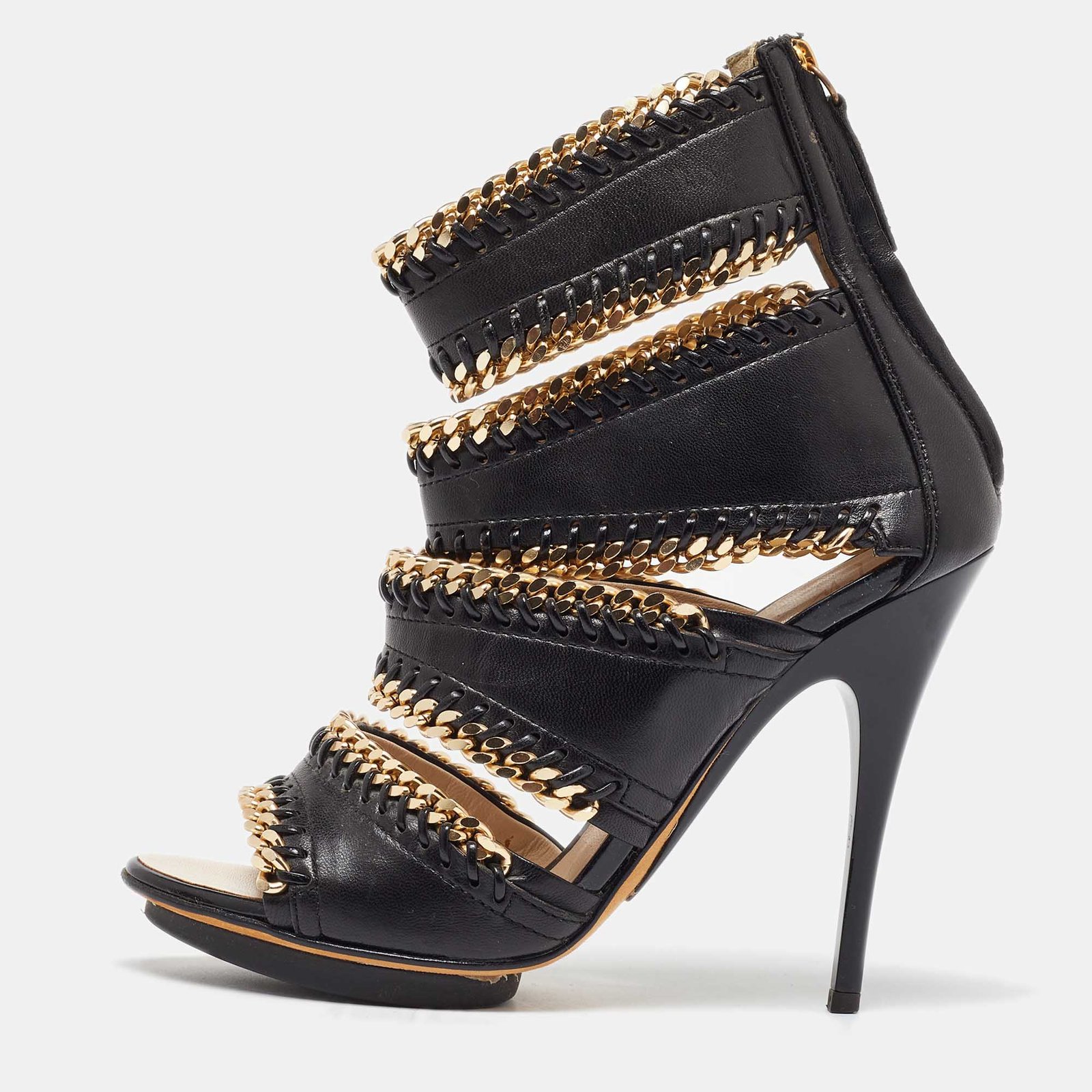 Giuseppe Zanotti Black Leather Chain Embellished Trim Cut Out Sandals Size 35.5