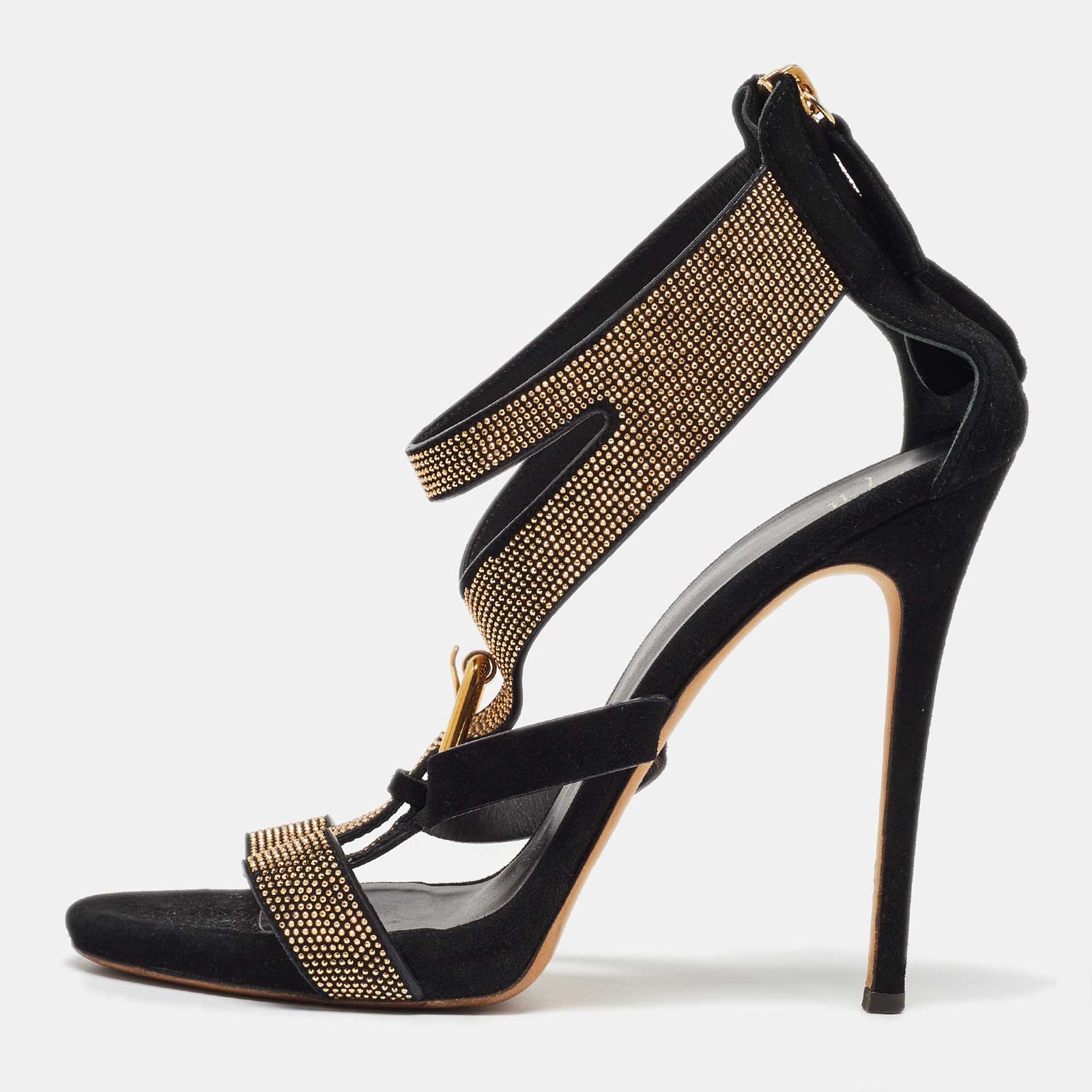Giuseppe Zanotti Black Suede Studded Ankle Strap Sandals Size 39
