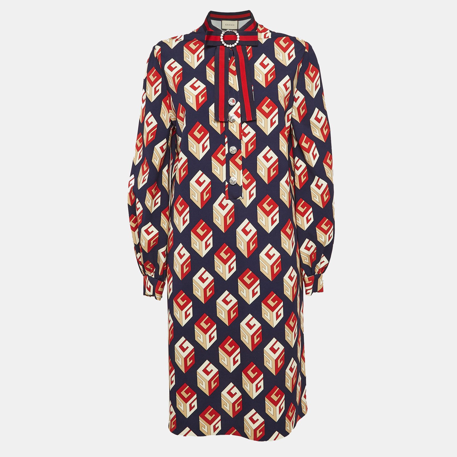 Gucci Blue GG Wallpaper Print Jersey Crystal Closure Midi Dress XXL