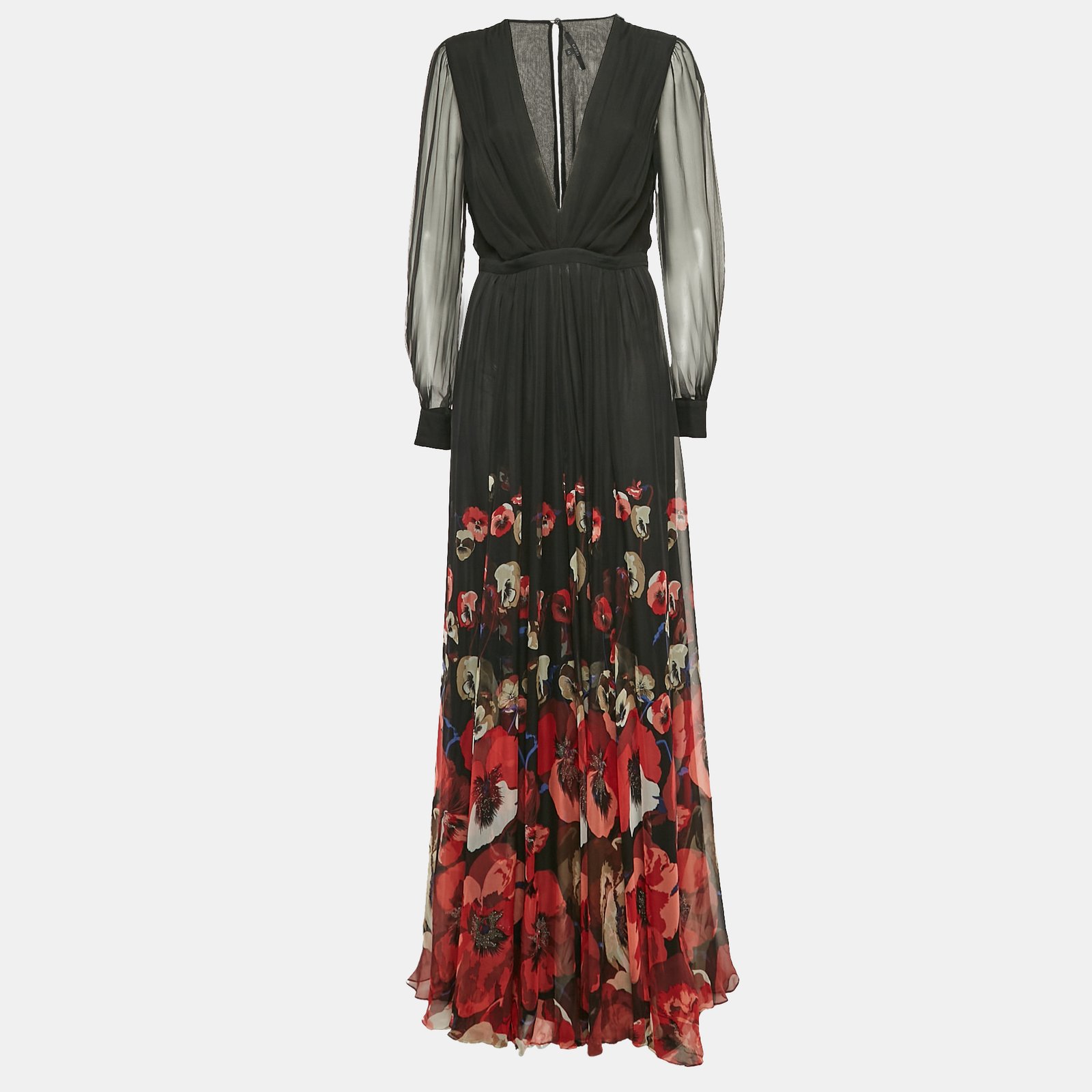 Gucci Black Floral Print Silk Plunging Neck Flared Gown M