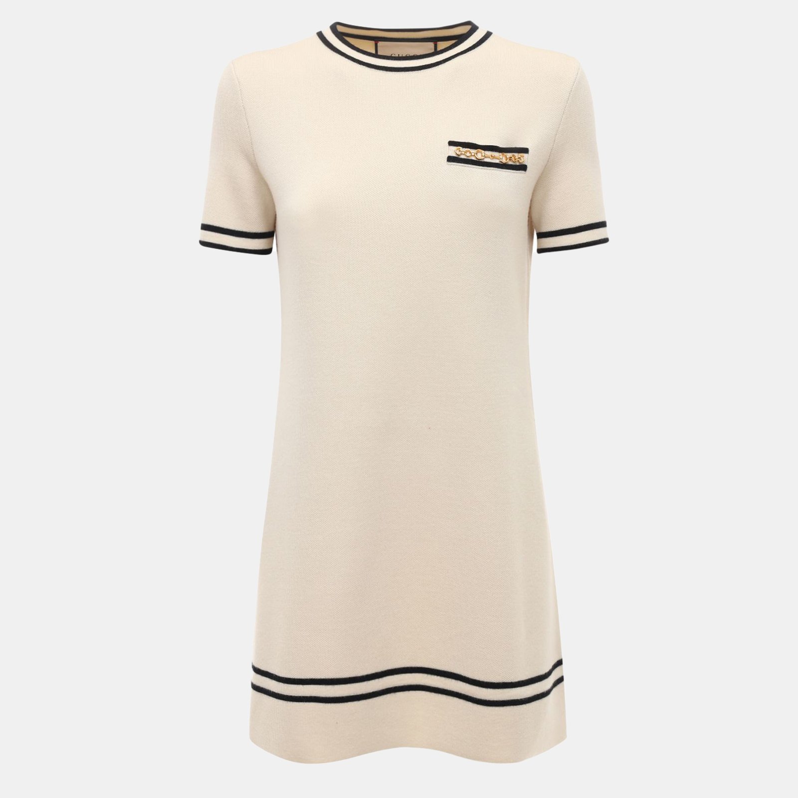 Gucci Cream Contrast Trim Wool Knit Horsebit Chain Detail Dress XL