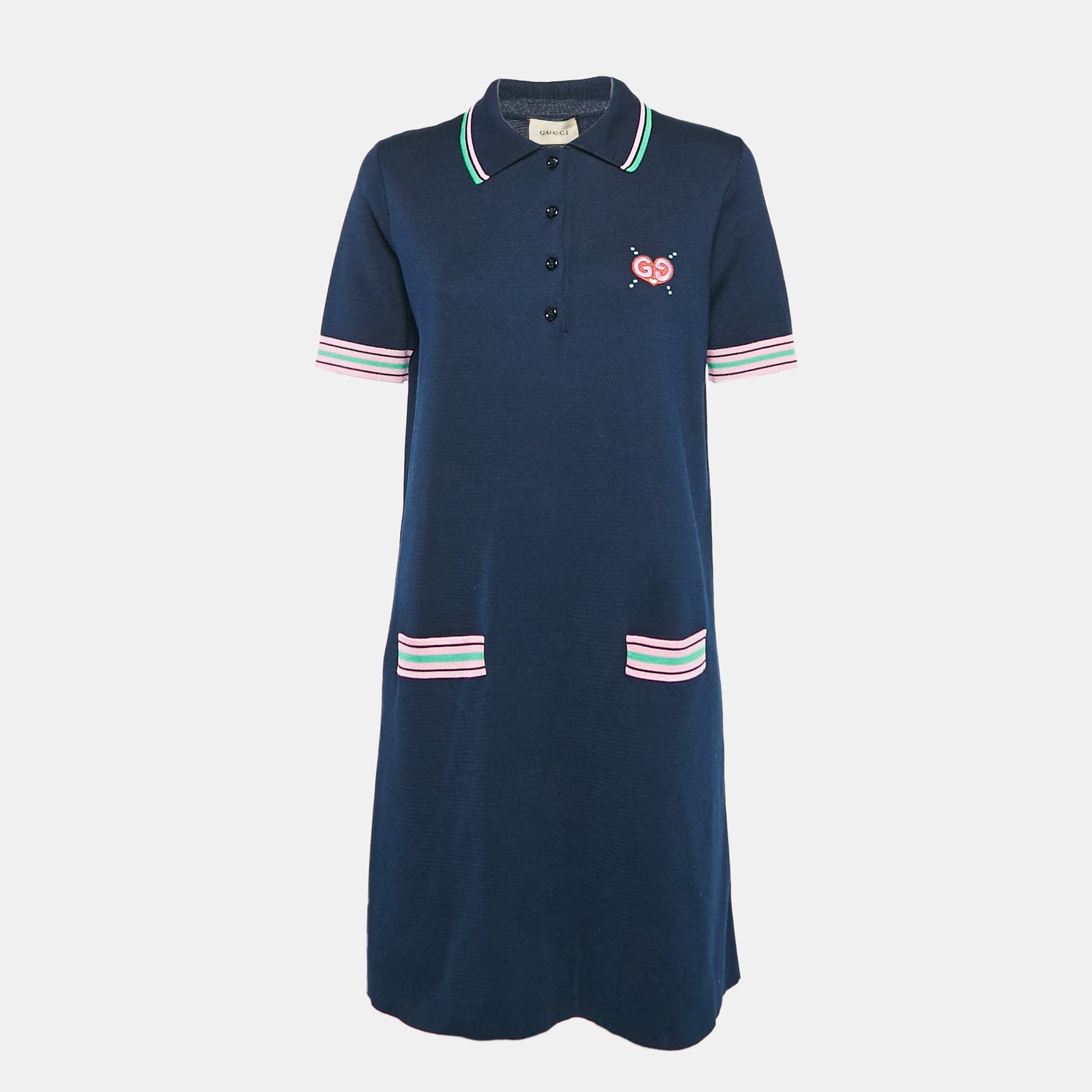 Gucci Navy Blue Knit Embroidered Mini Dress L