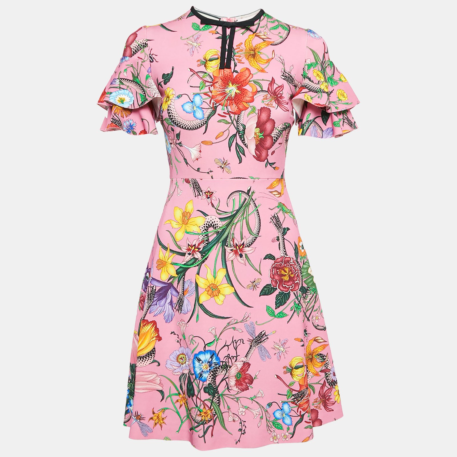 Gucci Pink Flora Snake Print Jersey Ruffled Sleeves Midi Dress XS