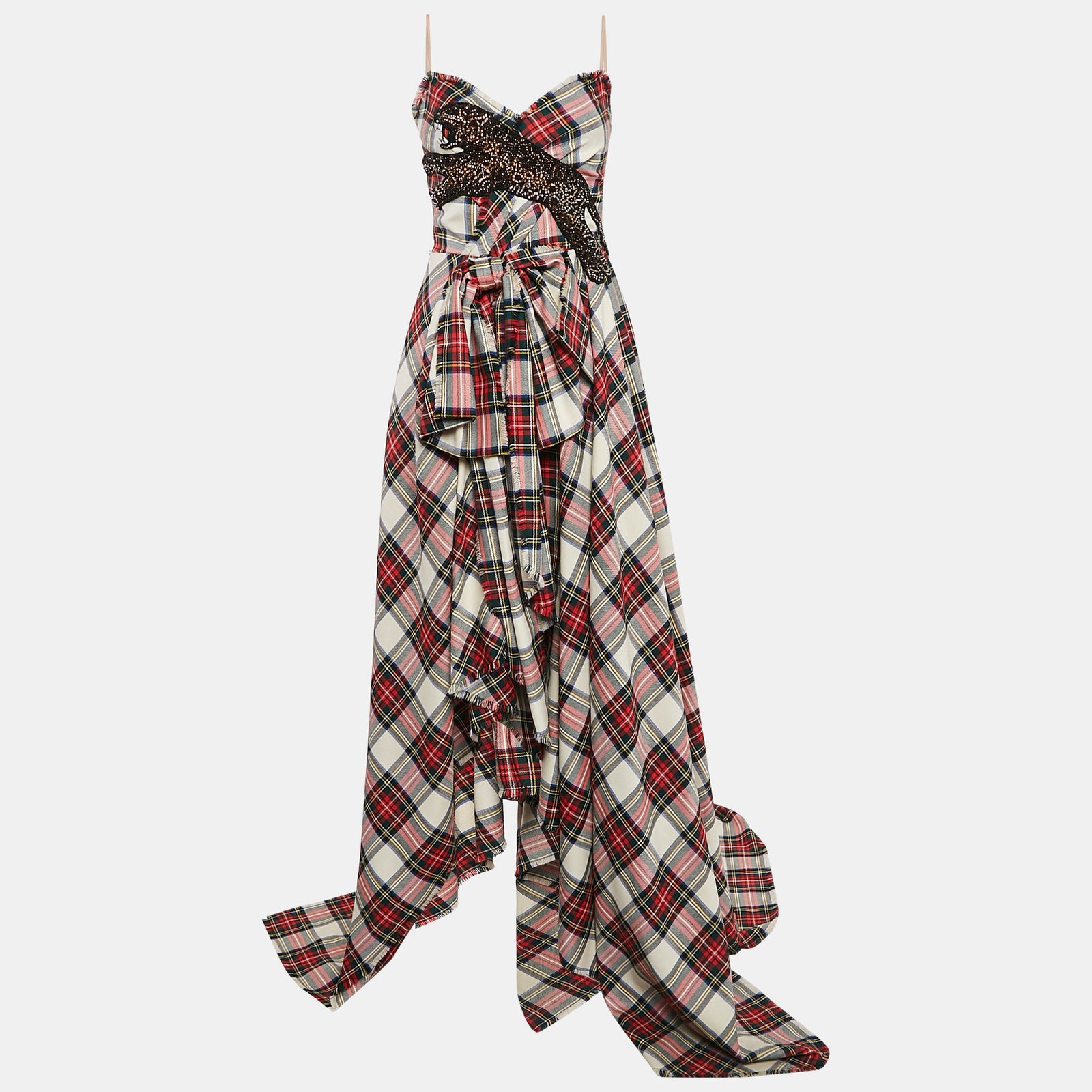 Gucci Multicolor Tartan Pattern Embellished Wool Asymmetric Gown M