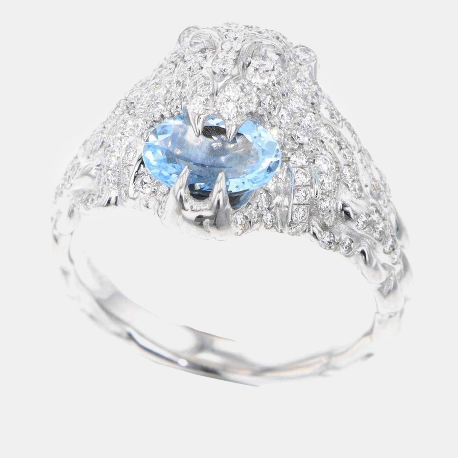Gucci 18K White Gold Lion Head Aquamarine Ring Size #9