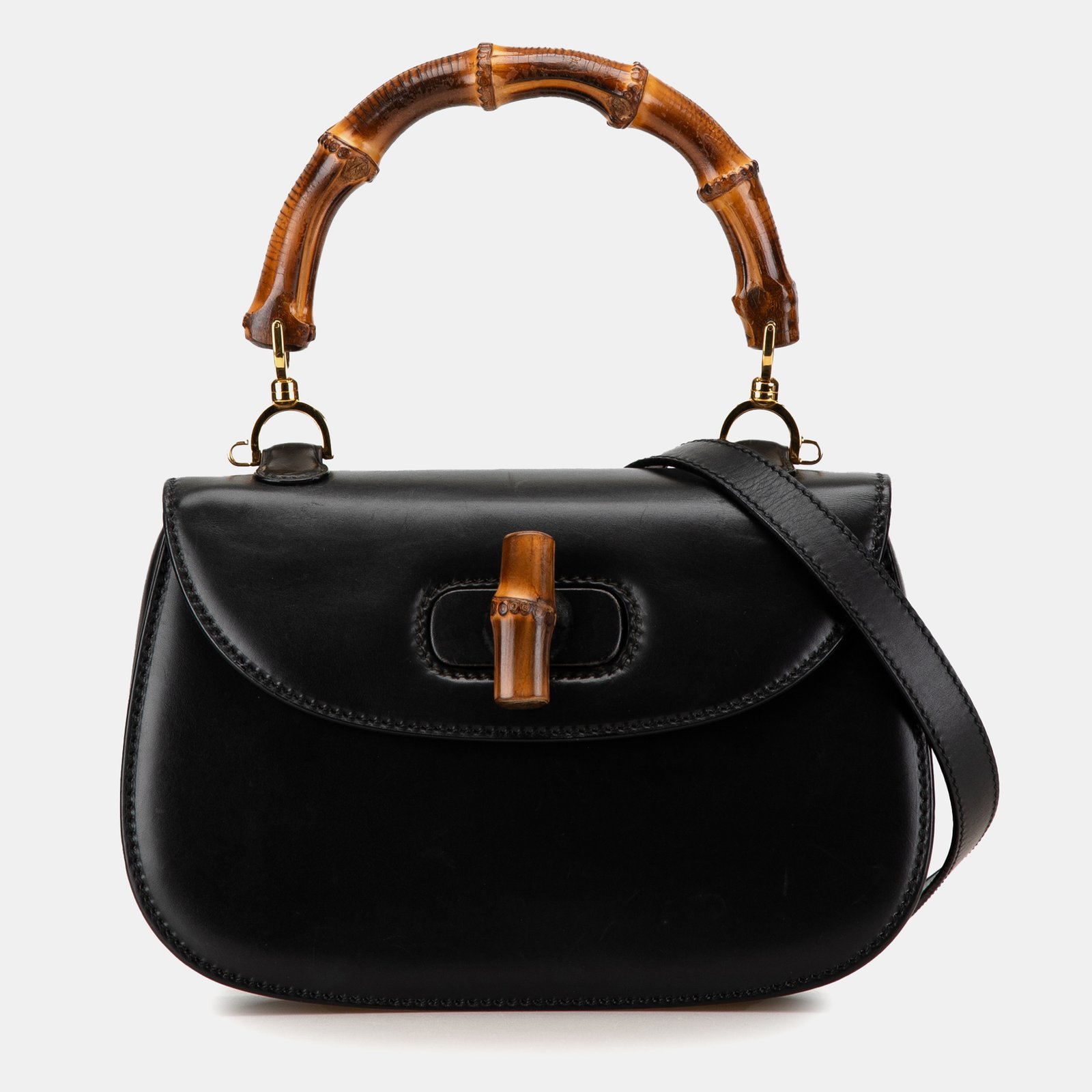 Gucci Black Calfskin Bamboo Top Handle Bag