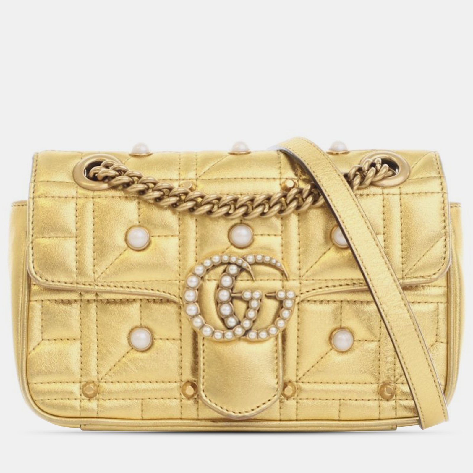 Gucci Gold Leather Mini GG Marmont Pearly Matelasse Crossbody Bag