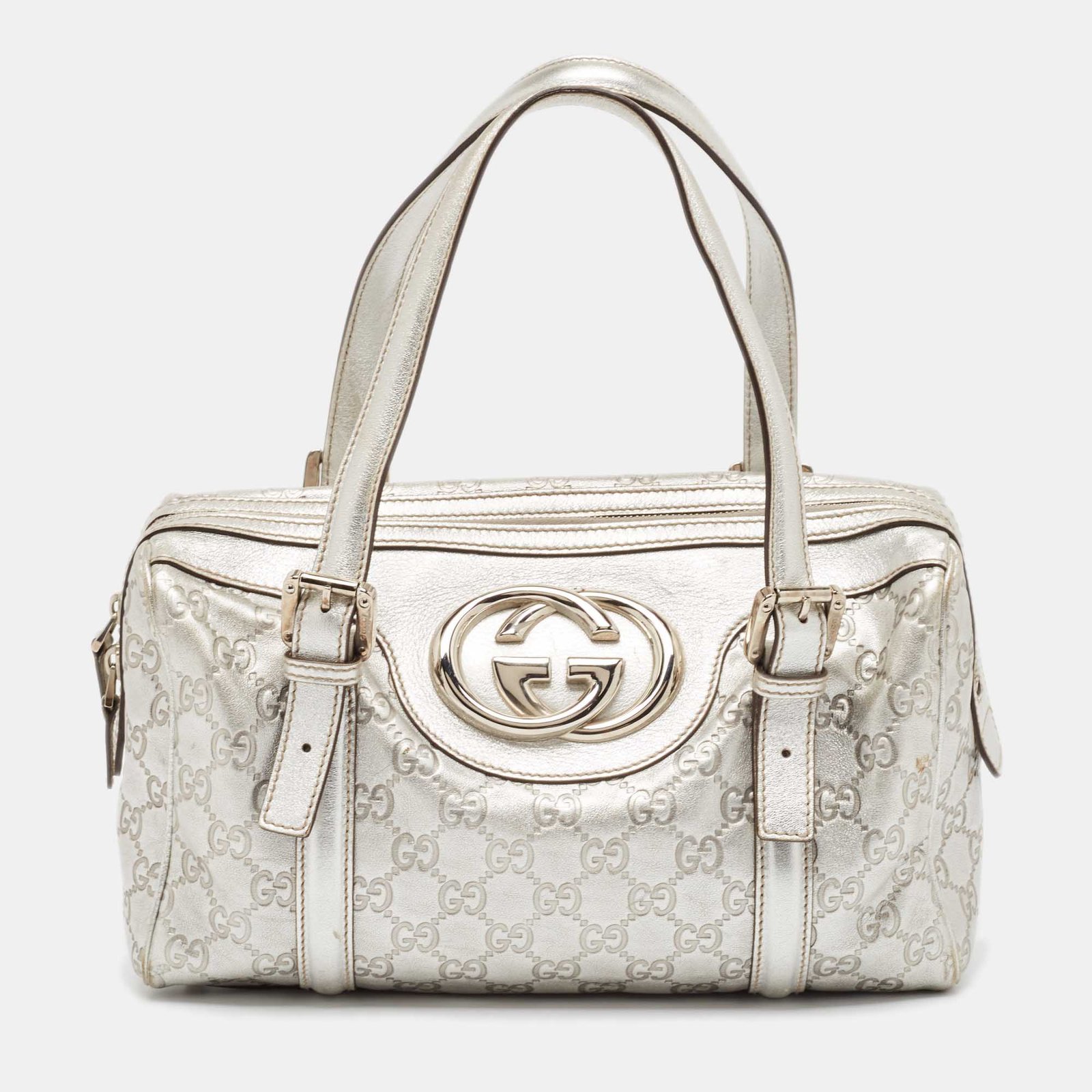 Gucci Silver Guccissima Leather Britt Boston Bag
