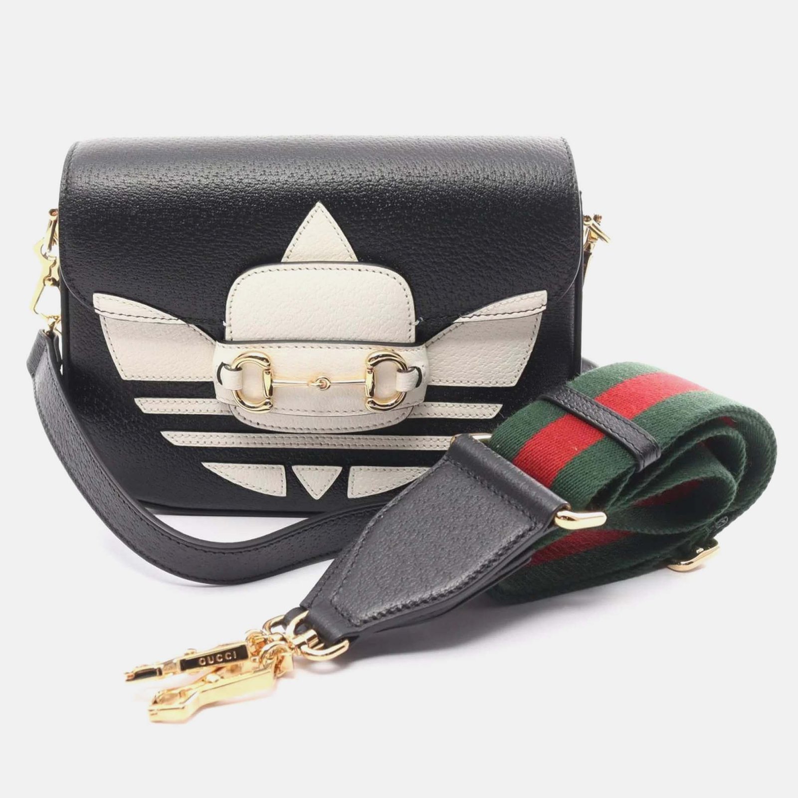 Gucci x Adidas Black White Leather Horsebit 1955 Shoulder Bag