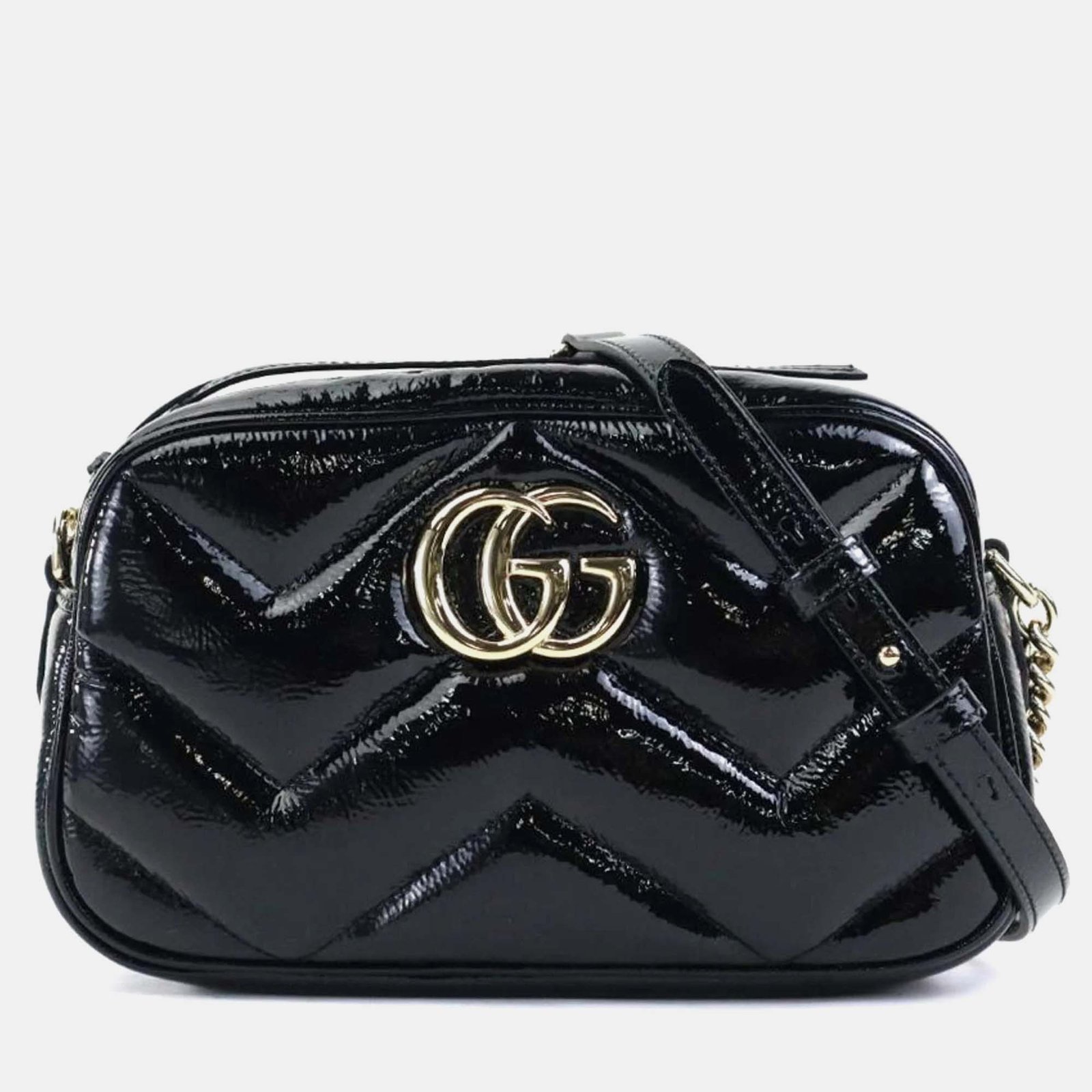 Gucci Black Patent Leather GG Marmont Shoulder Bag