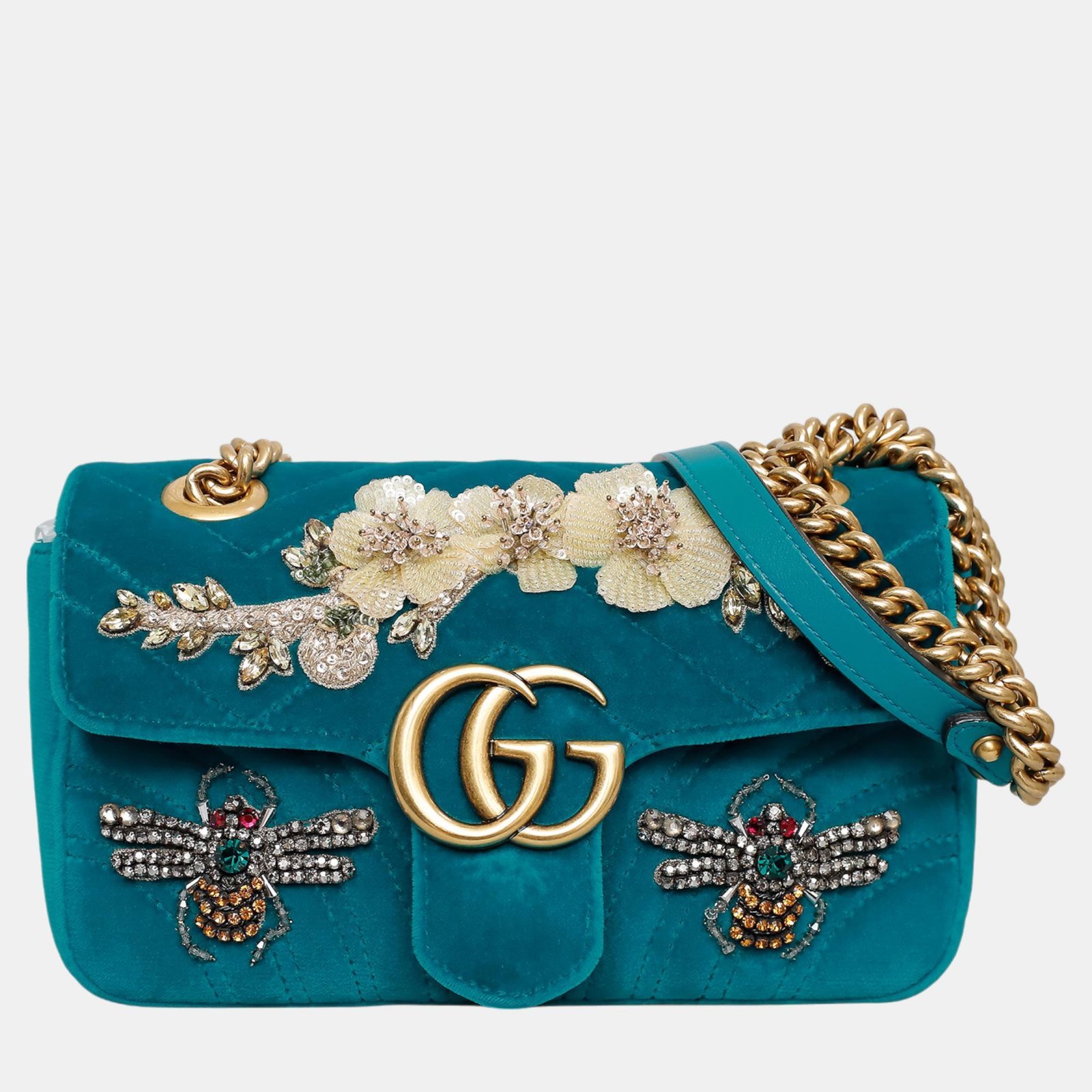 Gucci Teal Velvet Mini Velvet Embroidered GG Marmont Flap Bag