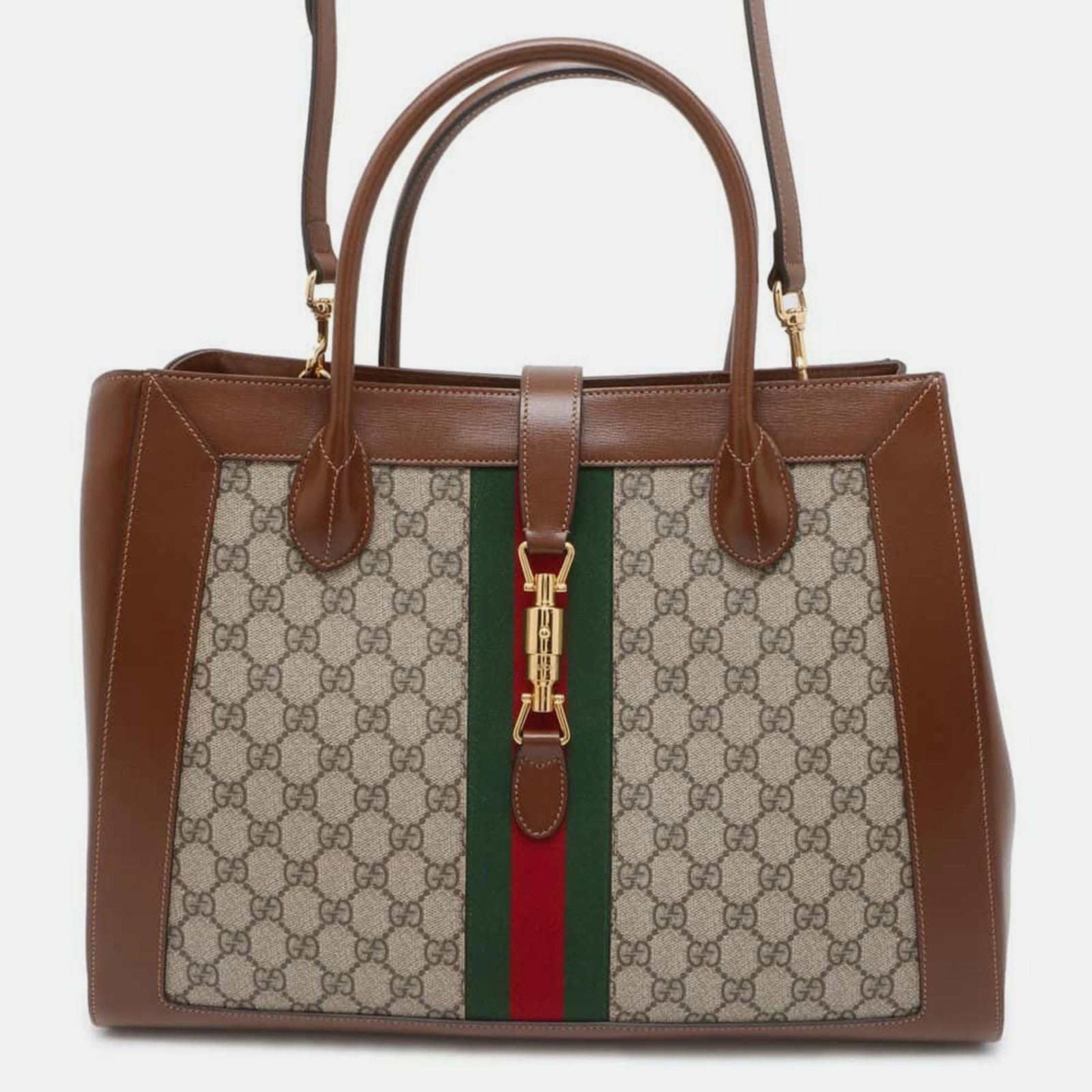 Gucci Brown/Beige GG Supreme Canvas Leather  Jackie 1961 2way Shoulder Bag Size Large